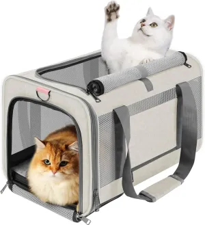 Pet Carrier for Large Cat 20 lbs  / Soft Sided Small Dog 12 Pounds Travel Crate Top Load/Collapsible Kitty Carry Bag Big Kitten Mesh/Sturdy Animal Transport cage Kennel Long Trips Beige