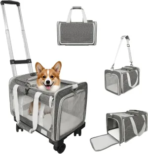 Pet Carrier with Wheels Up to 25 lbs Airline Approved Dog Carrier Rolling Pet Carrier w/Removable Wheels & Washable Plush Mat Pet Travel Carrier with Telescopic Handle & Shoulder Strap