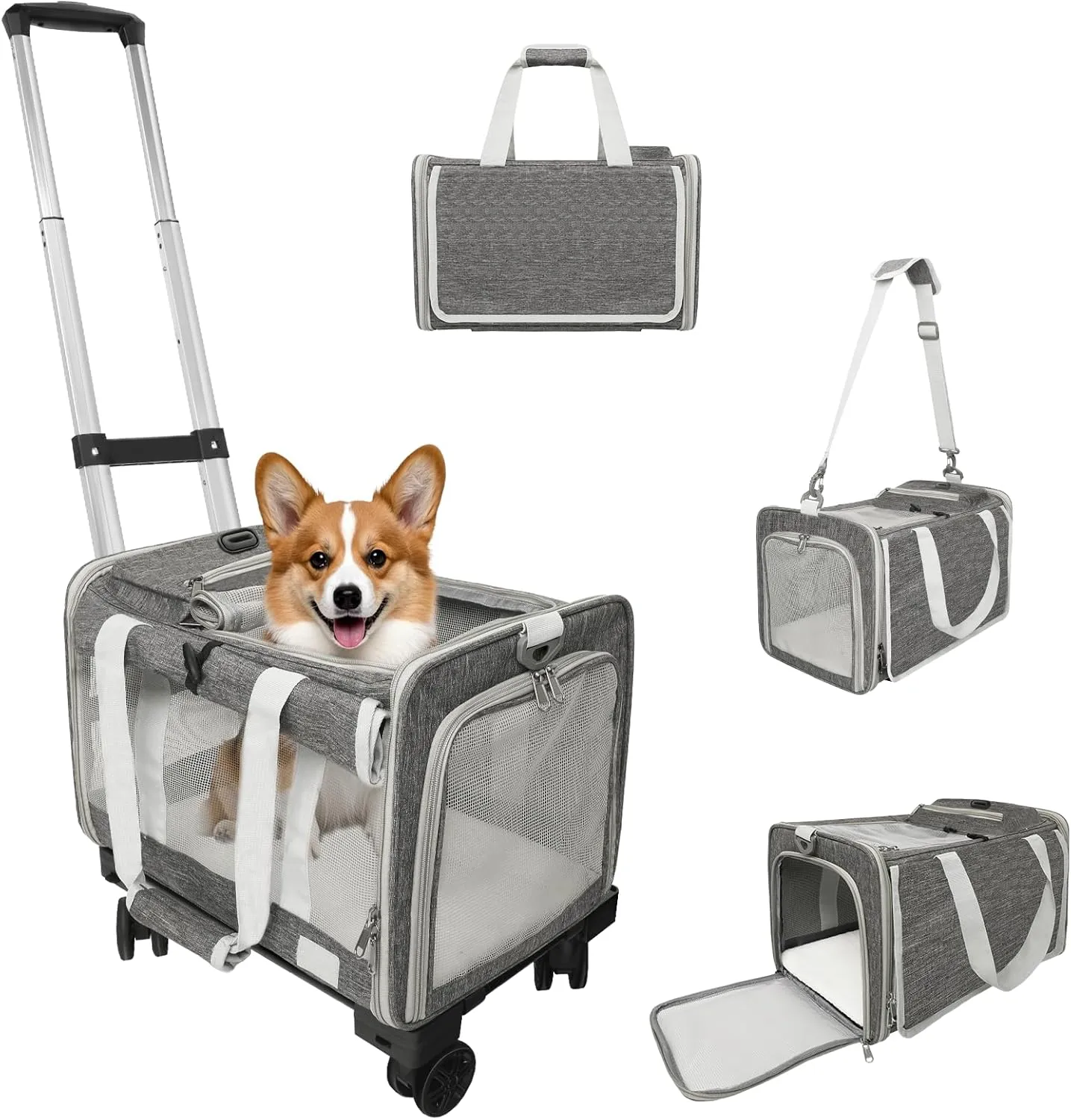 Pet Carrier with Wheels Up to 25 lbs Airline Approved Dog Carrier Rolling Pet Carrier w/Removable Wheels & Washable Plush Mat Pet Travel Carrier with Telescopic Handle & Shoulder Strap