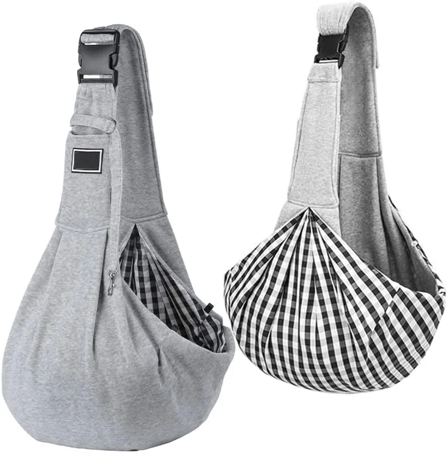 Pet Dog Sling Carrier, Adjustable Strap Hands Free Reversible Double-Sided Pouch Pet Papoose Bag Tote Bag with a Pocket Safety Belt Puppy Carrier Travel Bag Backpack for Small Dogs Cats Rabbits (Grey)