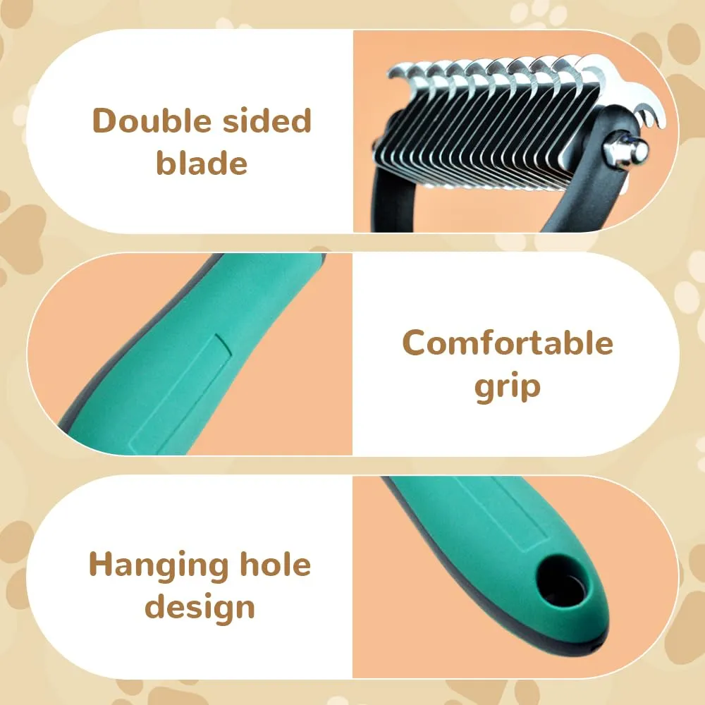 Pet Grooming Brush, 2025 New Multifunctional Double-Sided Undercoat Rake for dogs, Durable Dematting Tool for long haired cats, Easy Grip Fur Remover Comb for home use (Green)