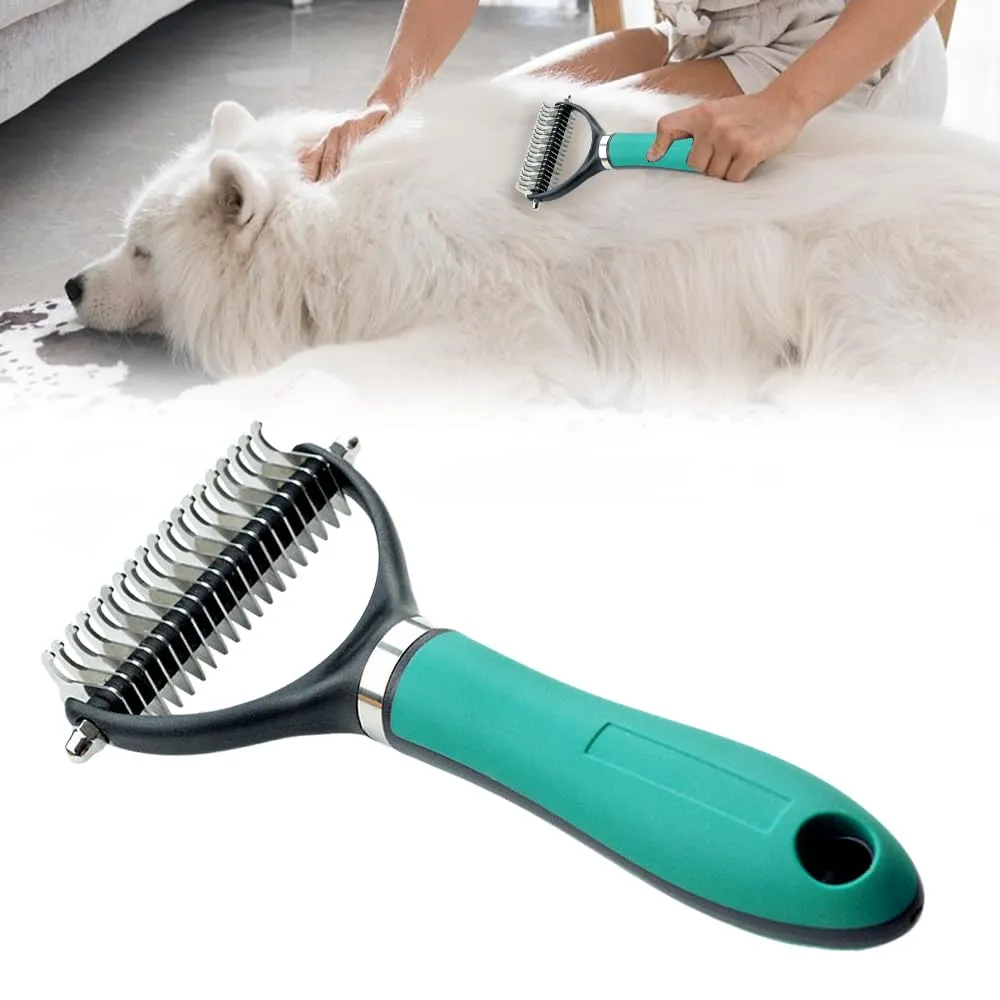 Pet Grooming Brush, 2025 New Multifunctional Double-Sided Undercoat Rake for dogs, Durable Dematting Tool for long haired cats, Easy Grip Fur Remover Comb for home use (Green)