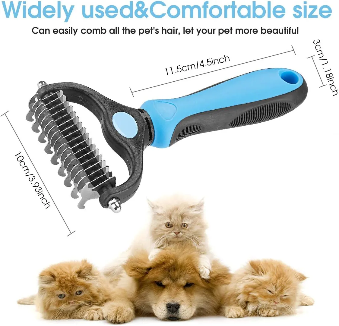 Pet Grooming Tool - 2 Sided Undercoat Rake for Cats and Dogs - Safe Dematting Comb for Easy Mats & Tangles Removing - No More Nasty Shedding and Flying Hair