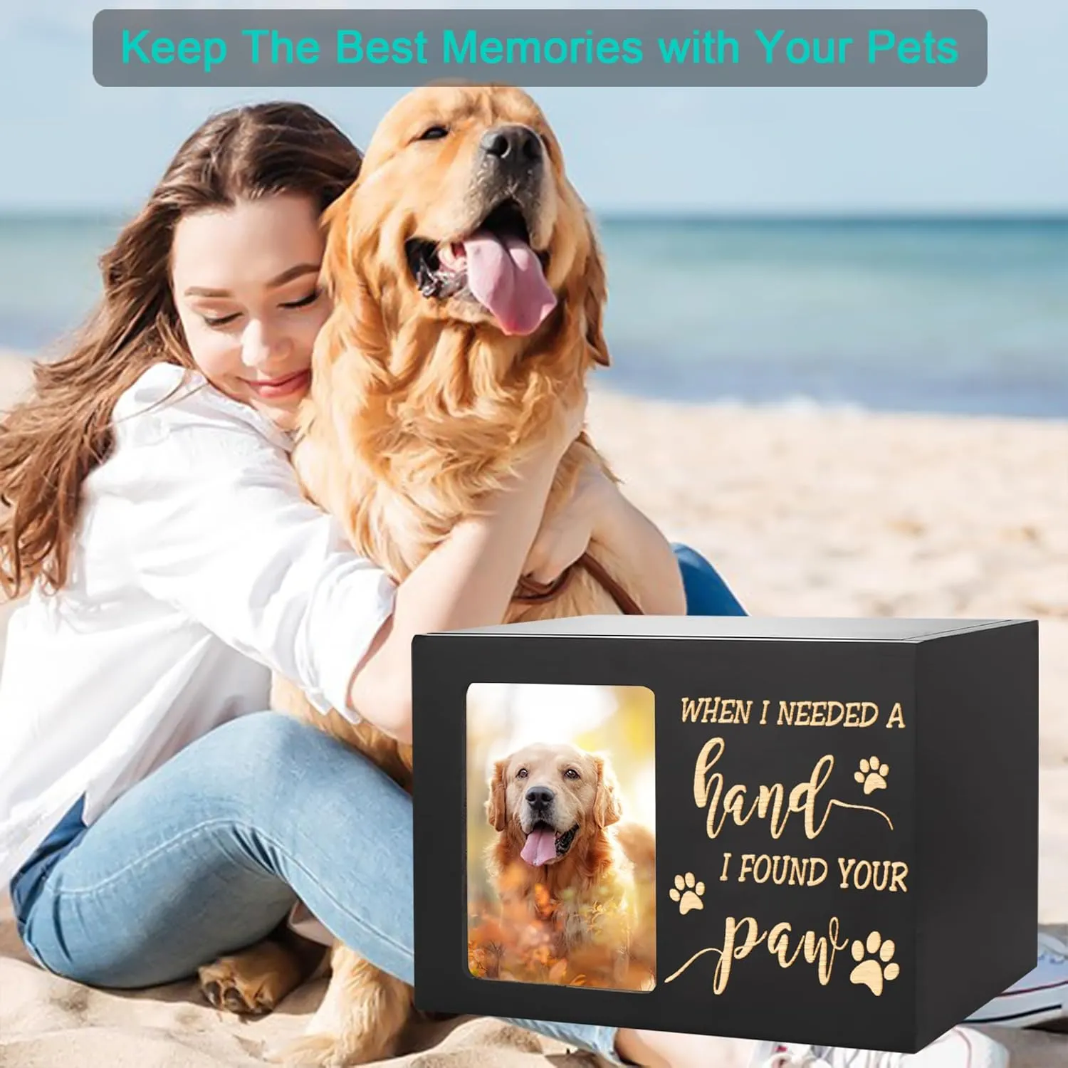 Pet Memorial Urns for Dog or Cat Ashes, Large Wooden Funeral Cremation Urns with Photo Frame, Memorial Keepsake Memory Box with Black Flannel as Lining, Loss Pet Memorial Remembrance Gift