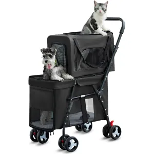 Pet Stroller Double Deck 4 Wheels - Easy-Fold Dog Cat Stroller for Small Medium Dog Cats Carrier, Travel Folding Carrier Breathable and Visible Mesh with Cup Holder (Black)