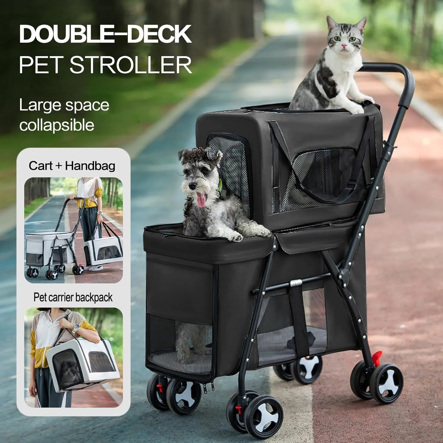 Pet Stroller Double Deck 4 Wheels - Easy-Fold Dog Cat Stroller for Small Medium Dog Cats Carrier, Travel Folding Carrier Breathable and Visible Mesh with Cup Holder (Black)