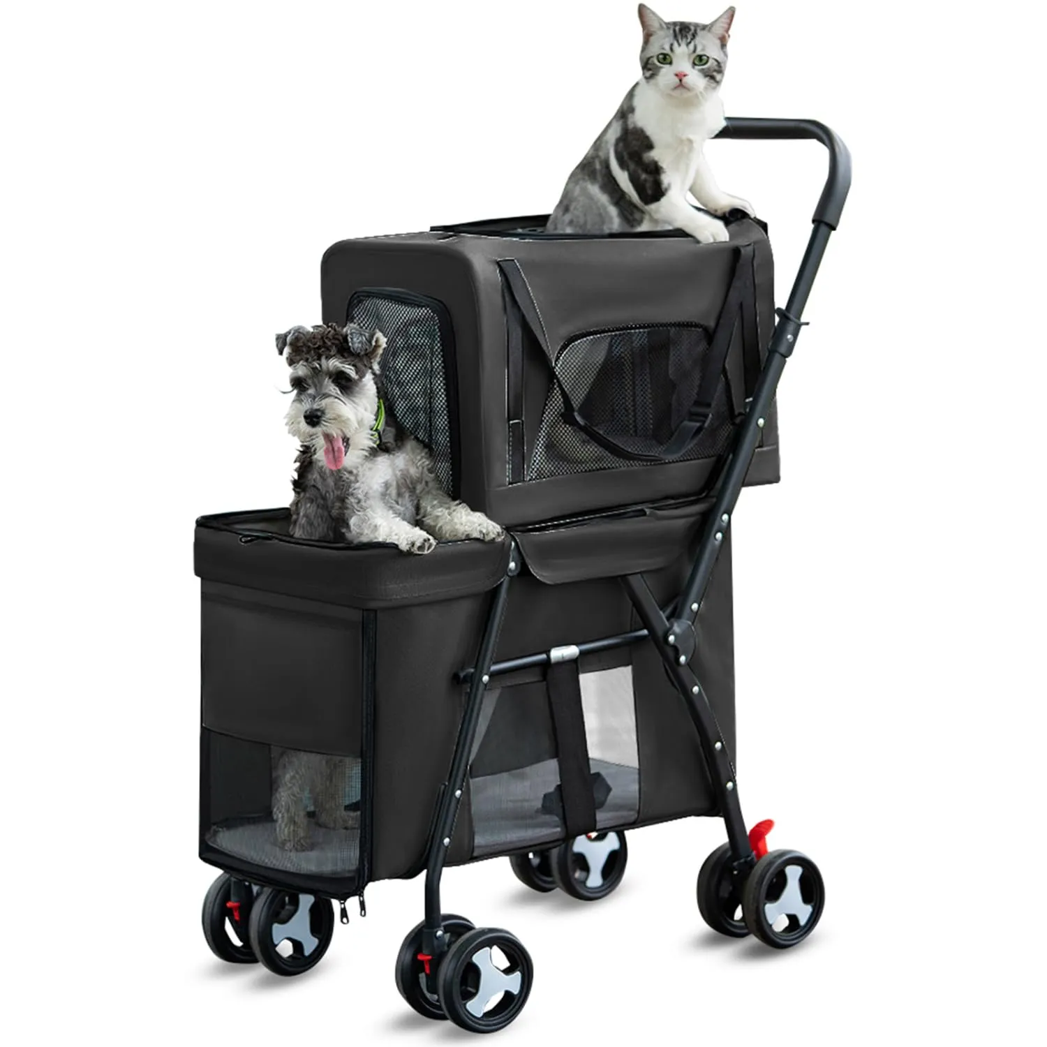 Pet Stroller Double Deck 4 Wheels - Easy-Fold Dog Cat Stroller for Small Medium Dog Cats Carrier, Travel Folding Carrier Breathable and Visible Mesh with Cup Holder (Black)