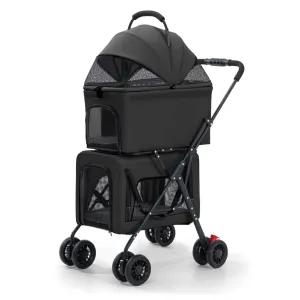 Pet Stroller Double Deck 4 Wheels Withe Rain Cover - Easy-Fold Dog Cat Stroller for Small Medium Dog Cats Carrier, Travel Folding Carrier Breathable and Visible Mesh with Cup Holder（Black）