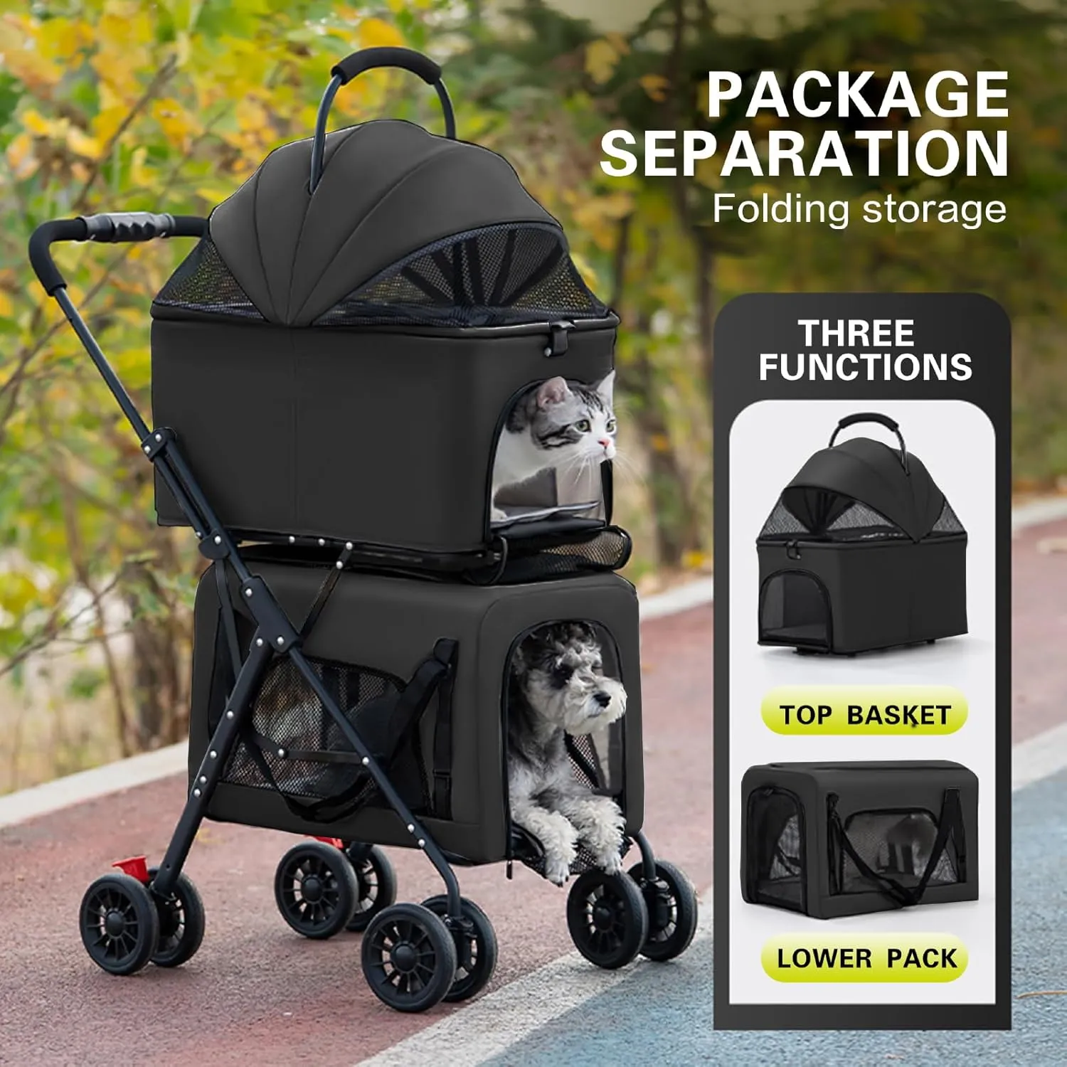 Pet Stroller Double Deck 4 Wheels Withe Rain Cover - Easy-Fold Dog Cat Stroller for Small Medium Dog Cats Carrier, Travel Folding Carrier Breathable and Visible Mesh with Cup Holder（Black）