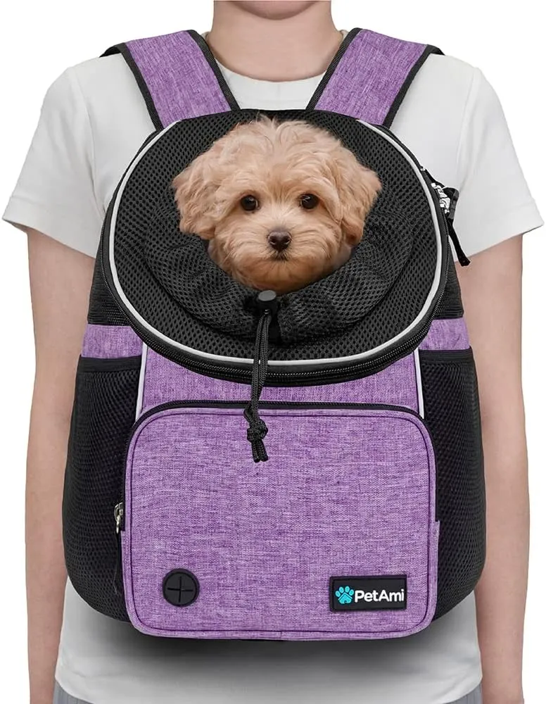 PetAmi Adjustable Cat & Dog Chest Carrier Backpack, Ventilated for Hiking & Camping, Max 10 lbs, Purple