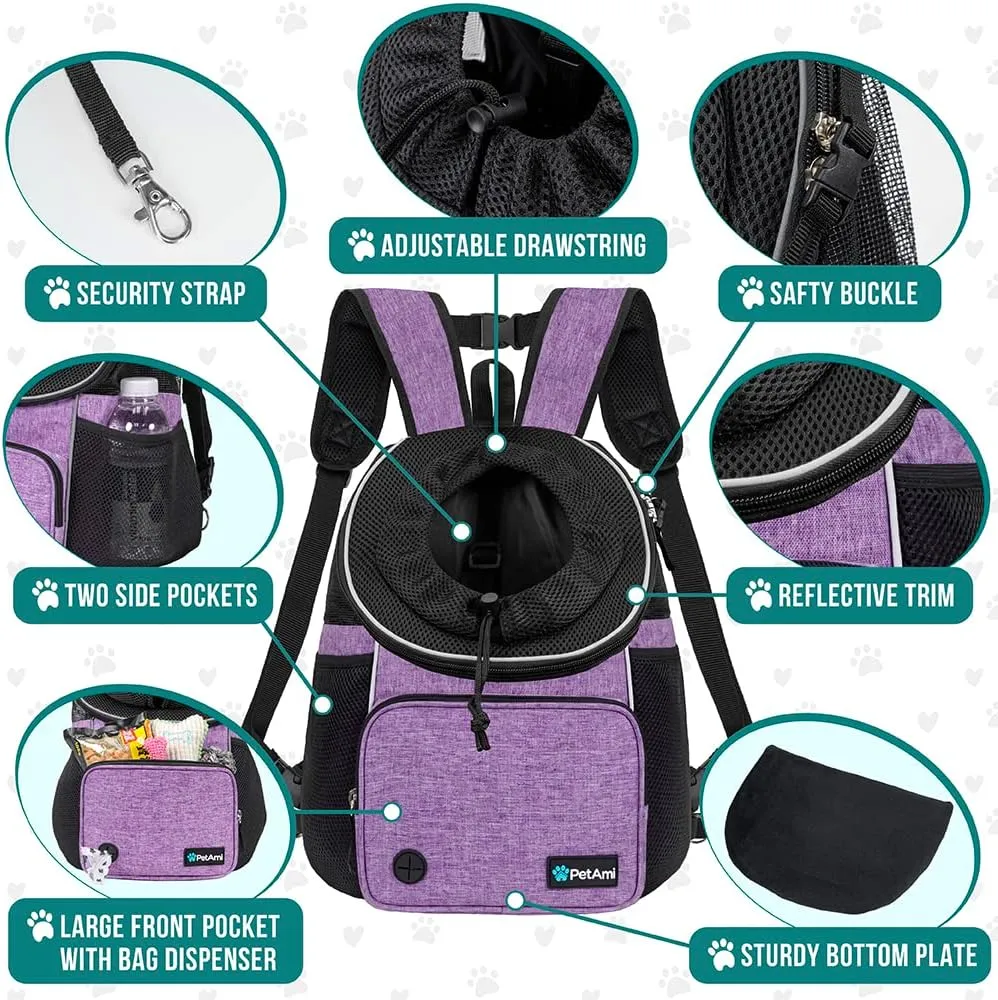 PetAmi Adjustable Cat & Dog Chest Carrier Backpack, Ventilated for Hiking & Camping, Max 10 lbs, Purple