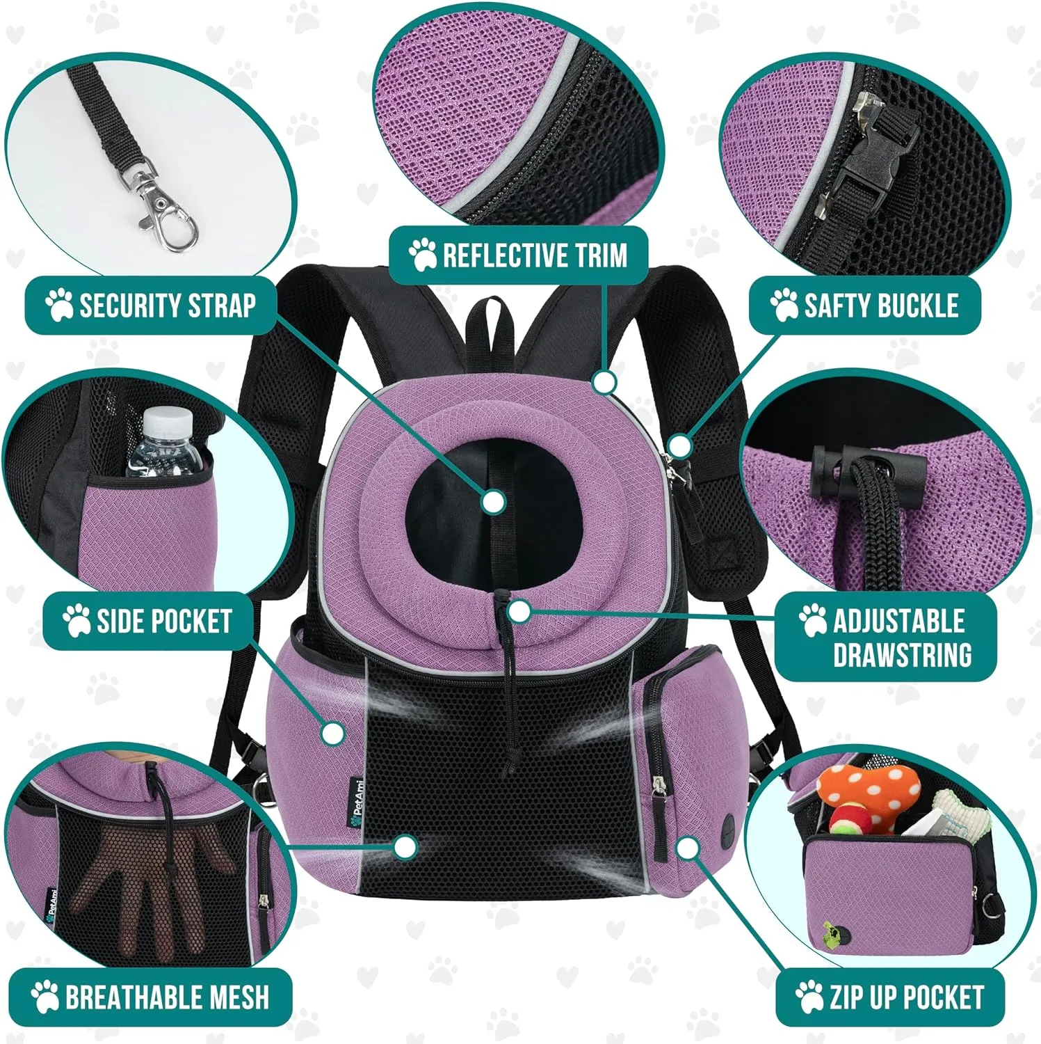 PetAmi Adjustable Cat & Dog Front Chest Carrier Backpack, Ventilated for Hiking & Camping, Max 10 lbs, Purple