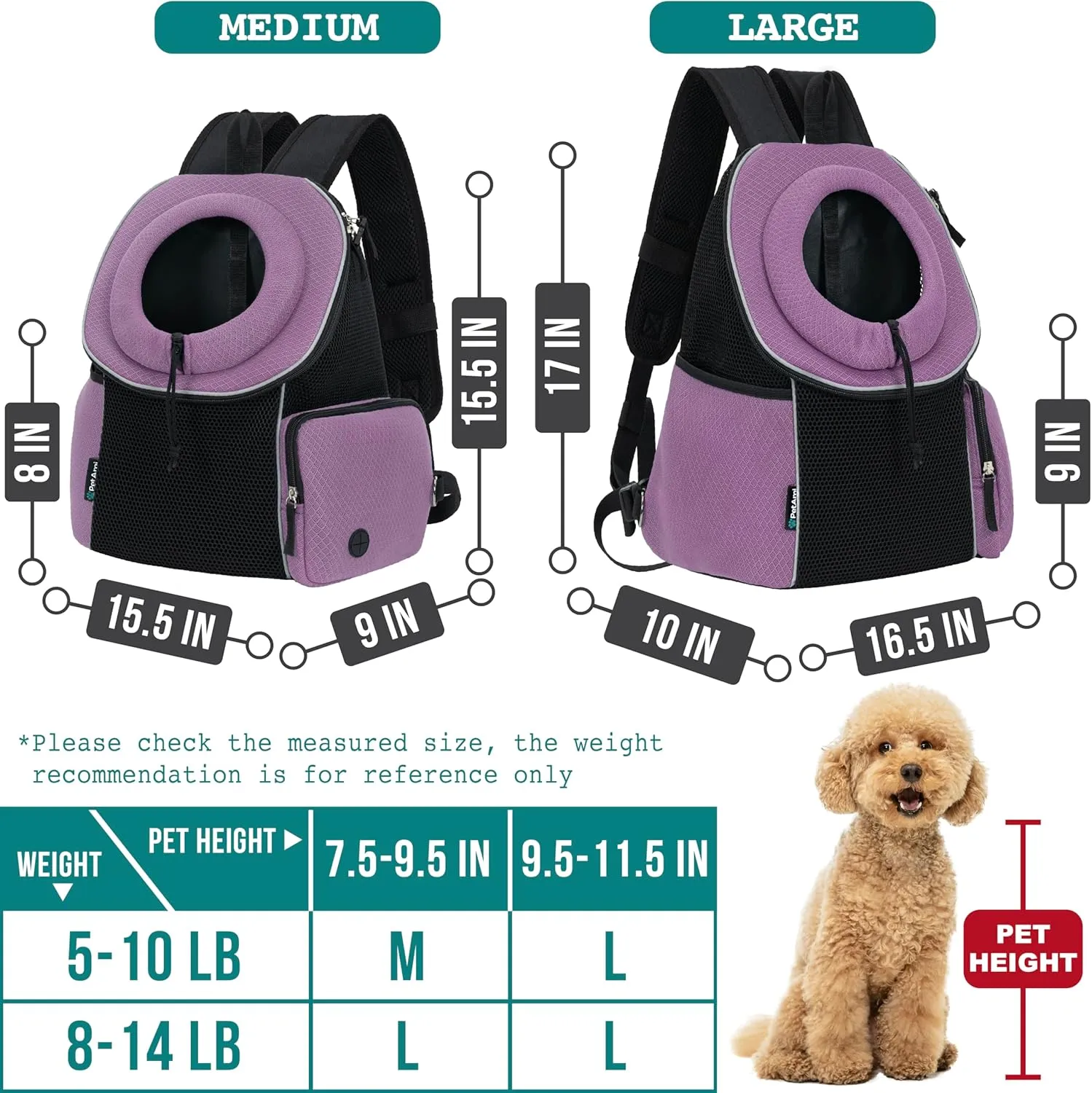 PetAmi Adjustable Cat & Dog Front Chest Carrier Backpack, Ventilated for Hiking & Camping, Max 10 lbs, Purple