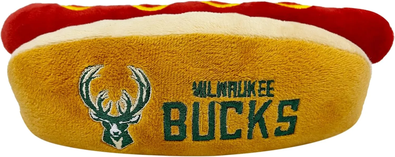 Pets First NBA Milwaukee Bucks HOT Dog Plush Dog & CAT Squeak Toy - Cutest HOT-Dog Snack Plush Toy for Dogs & Cats with Inner Squeaker & Beautiful Basketball Team Name/Logo