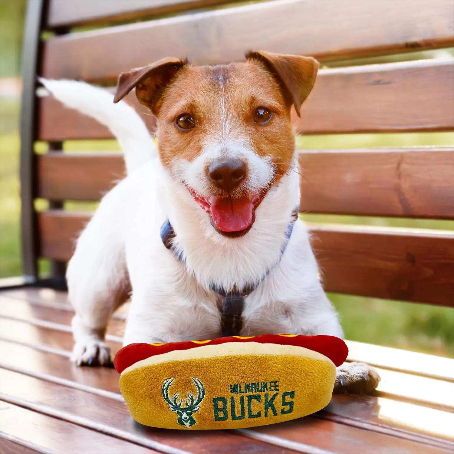 Pets First NBA Milwaukee Bucks HOT Dog Plush Dog & CAT Squeak Toy - Cutest HOT-Dog Snack Plush Toy for Dogs & Cats with Inner Squeaker & Beautiful Basketball Team Name/Logo