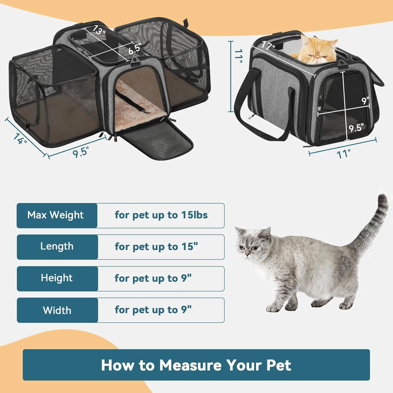 Petsfit 17" x 11" x 11" Expandable Pet Carrier Airline Approved for Travel, Maximum Pet Weight 15 Pounds, for Cat Kitten Puppy, Gray