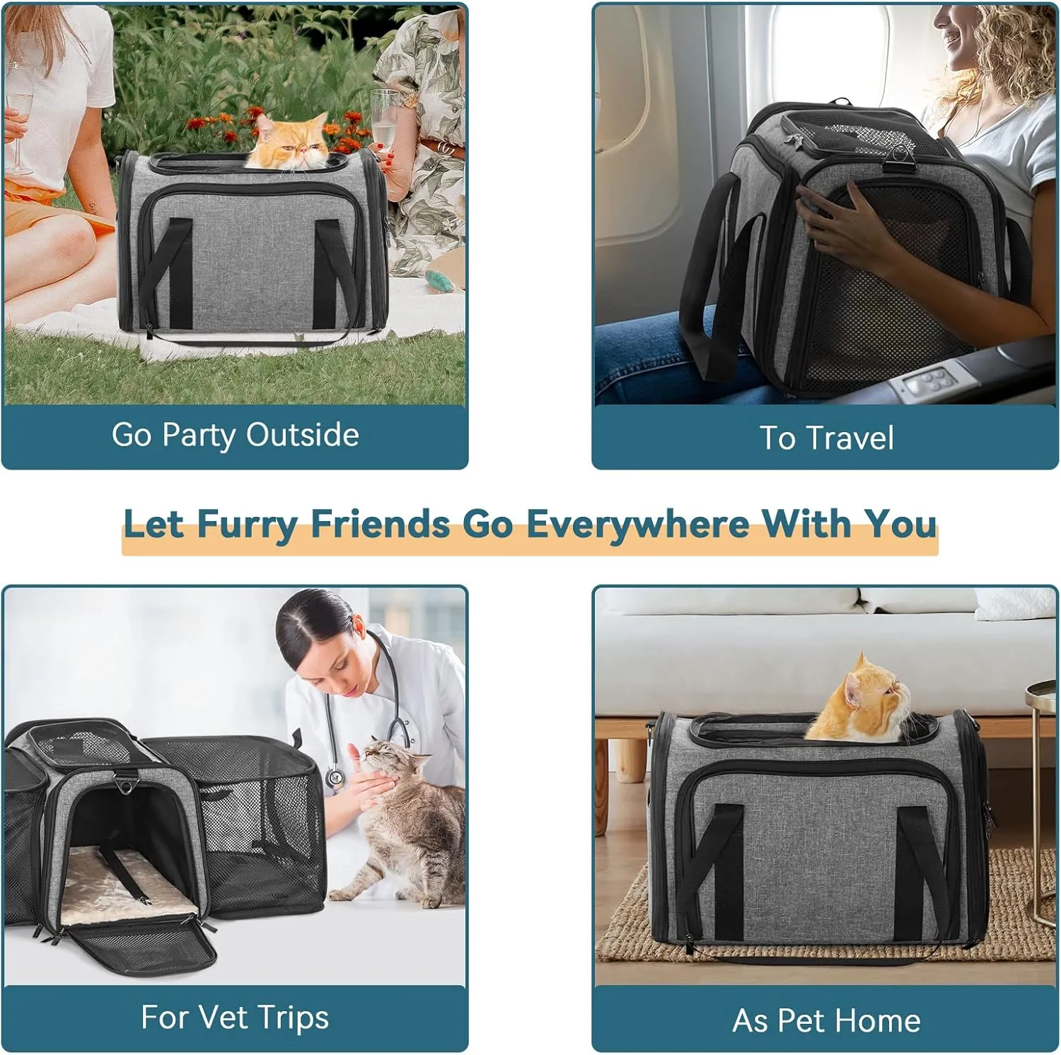 Petsfit 17" x 11" x 11" Expandable Pet Carrier Airline Approved for Travel, Maximum Pet Weight 15 Pounds, for Cat Kitten Puppy, Gray