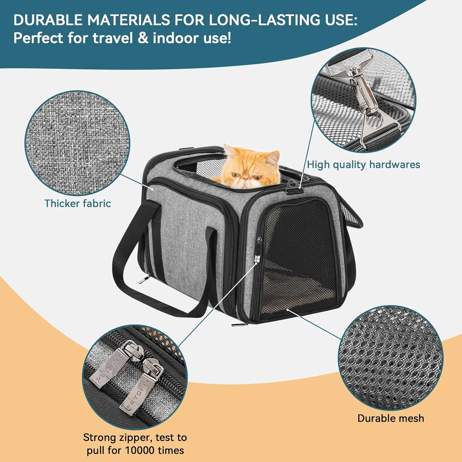 Petsfit 17" x 11" x 11" Expandable Pet Carrier Airline Approved for Travel, Maximum Pet Weight 15 Pounds, for Cat Kitten Puppy, Gray