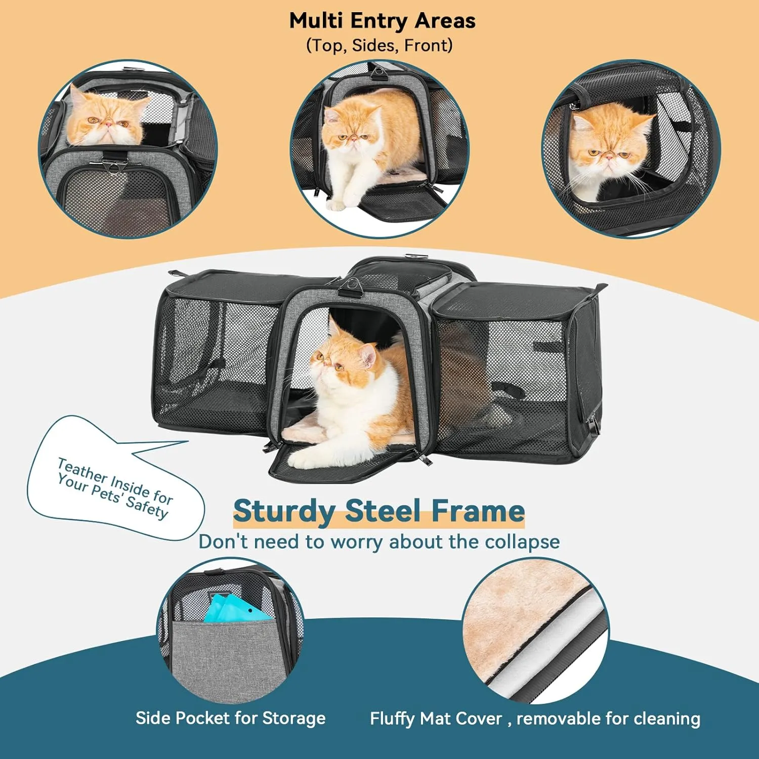 Petsfit 17" x 11" x 11" Expandable Pet Carrier Airline Approved for Travel, Maximum Pet Weight 15 Pounds, for Cat Kitten Puppy, Gray