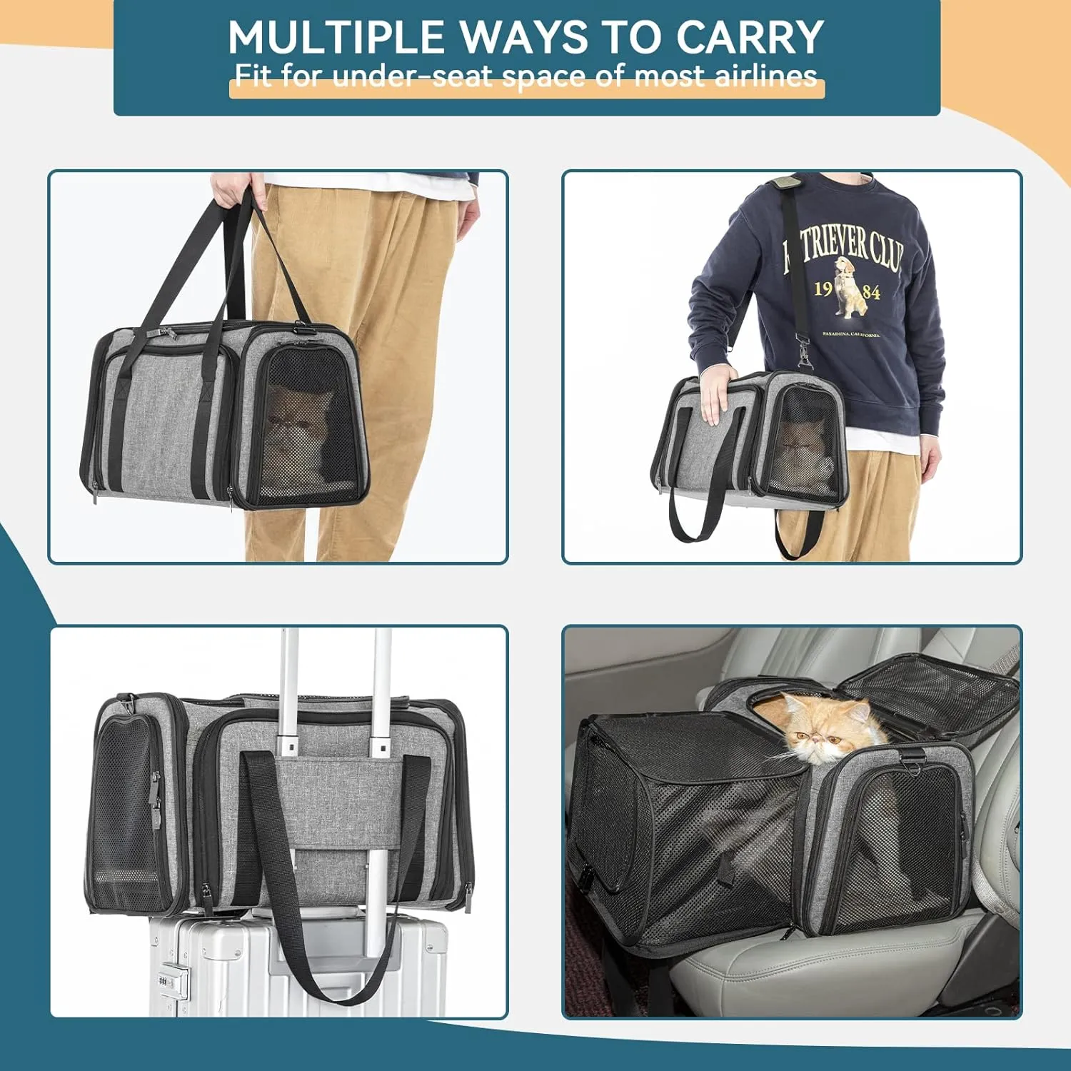 Petsfit 17" x 11" x 11" Expandable Pet Carrier Airline Approved for Travel, Maximum Pet Weight 15 Pounds, for Cat Kitten Puppy, Gray