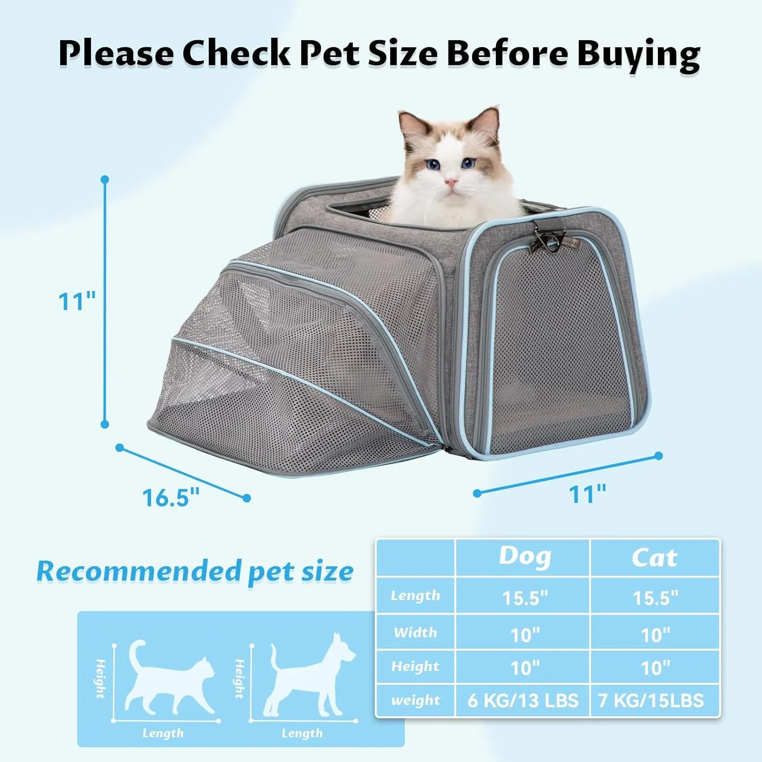 Petsfit Expandable Cat Carrier Dog Carriers,Airline Approved Soft-Sided Portable Pet Travel Washable Carrier for Kittens,Puppies,Removable Soft Plush mat and Pockets,Locking Safety Zippers