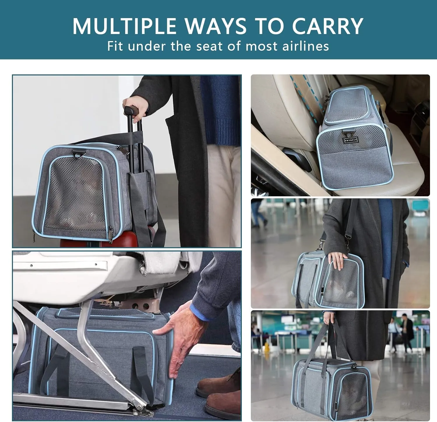 Petsfit Expandable Cat Carrier Dog Carriers,Airline Approved Soft-Sided Portable Pet Travel Washable Carrier for Kittens,Puppies,Removable Soft Plush mat and Pockets,Locking Safety Zippers