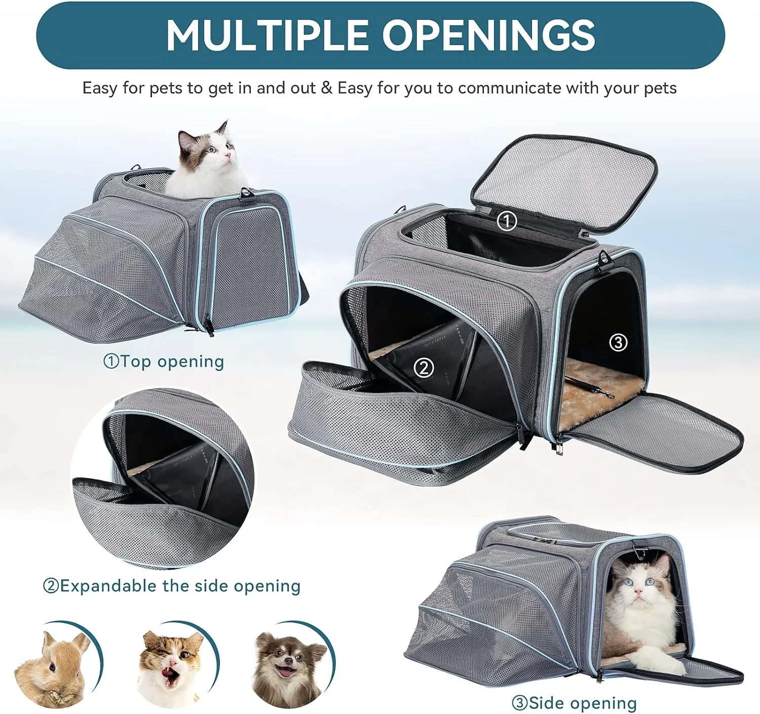 Petsfit Expandable Cat Carrier Dog Carriers,Airline Approved Soft-Sided Portable Pet Travel Washable Carrier for Kittens,Puppies,Removable Soft Plush mat and Pockets,Locking Safety Zippers
