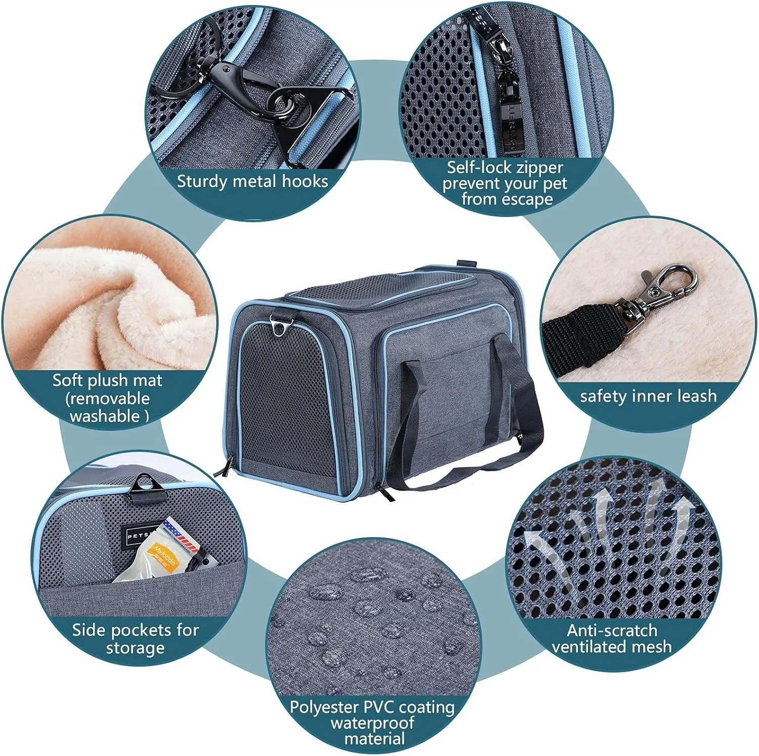 Petsfit Expandable Cat Carrier Dog Carriers,Airline Approved Soft-Sided Portable Pet Travel Washable Carrier for Kittens,Puppies,Removable Soft Plush mat and Pockets,Locking Safety Zippers
