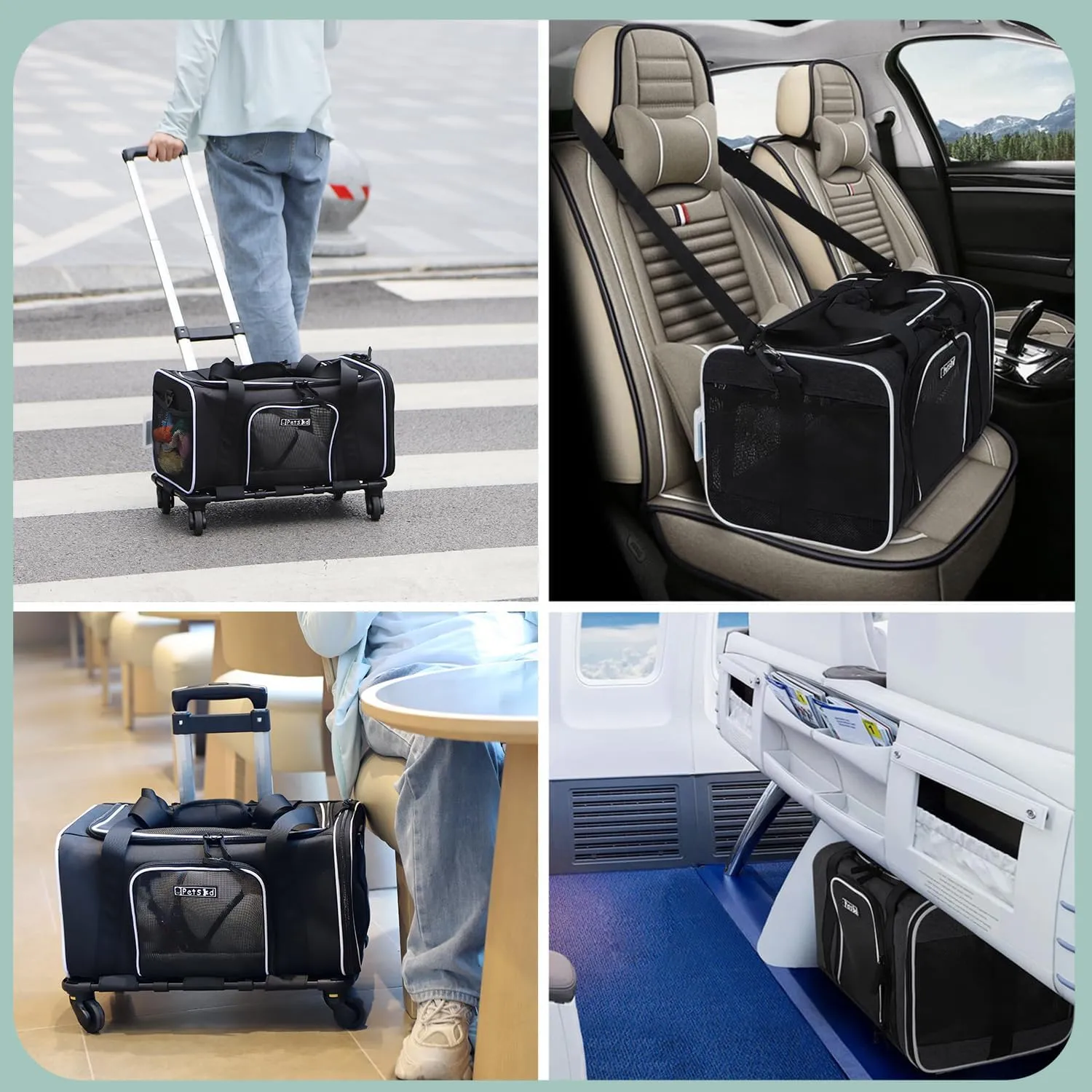 Petskd Pet Carrier with Wheels 18x11x10.5 Delta American United Airline Approved, Soft cat Dog Carrier for 1-12 LBS Pets with Safety Lock Zipper(Black)