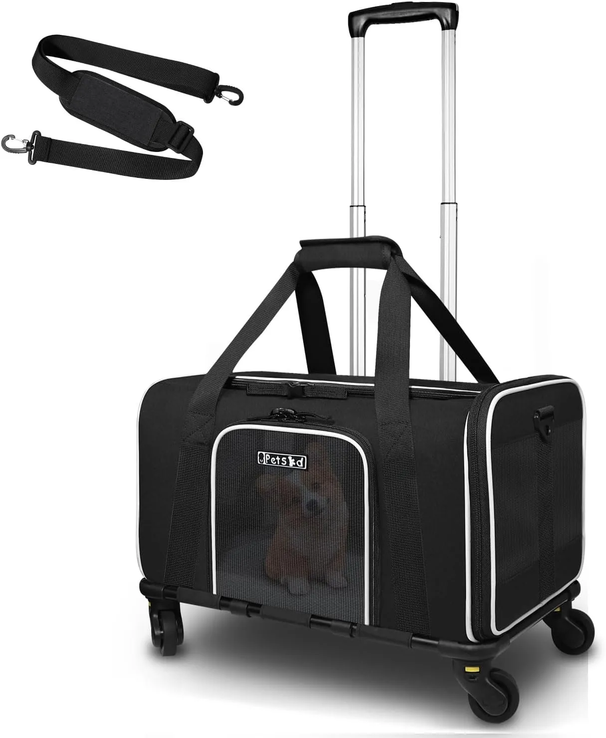 Petskd Pet Carrier with Wheels 18x11x10.5 Delta American United Airline Approved, Soft cat Dog Carrier for 1-12 LBS Pets with Safety Lock Zipper(Black)