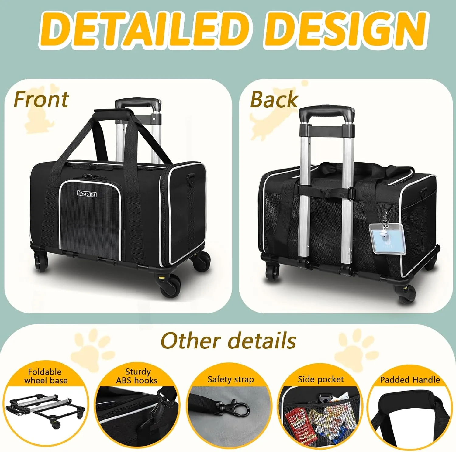 Petskd Pet Carrier with Wheels 18x11x10.5 Delta American United Airline Approved, Soft cat Dog Carrier for 1-12 LBS Pets with Safety Lock Zipper(Black)