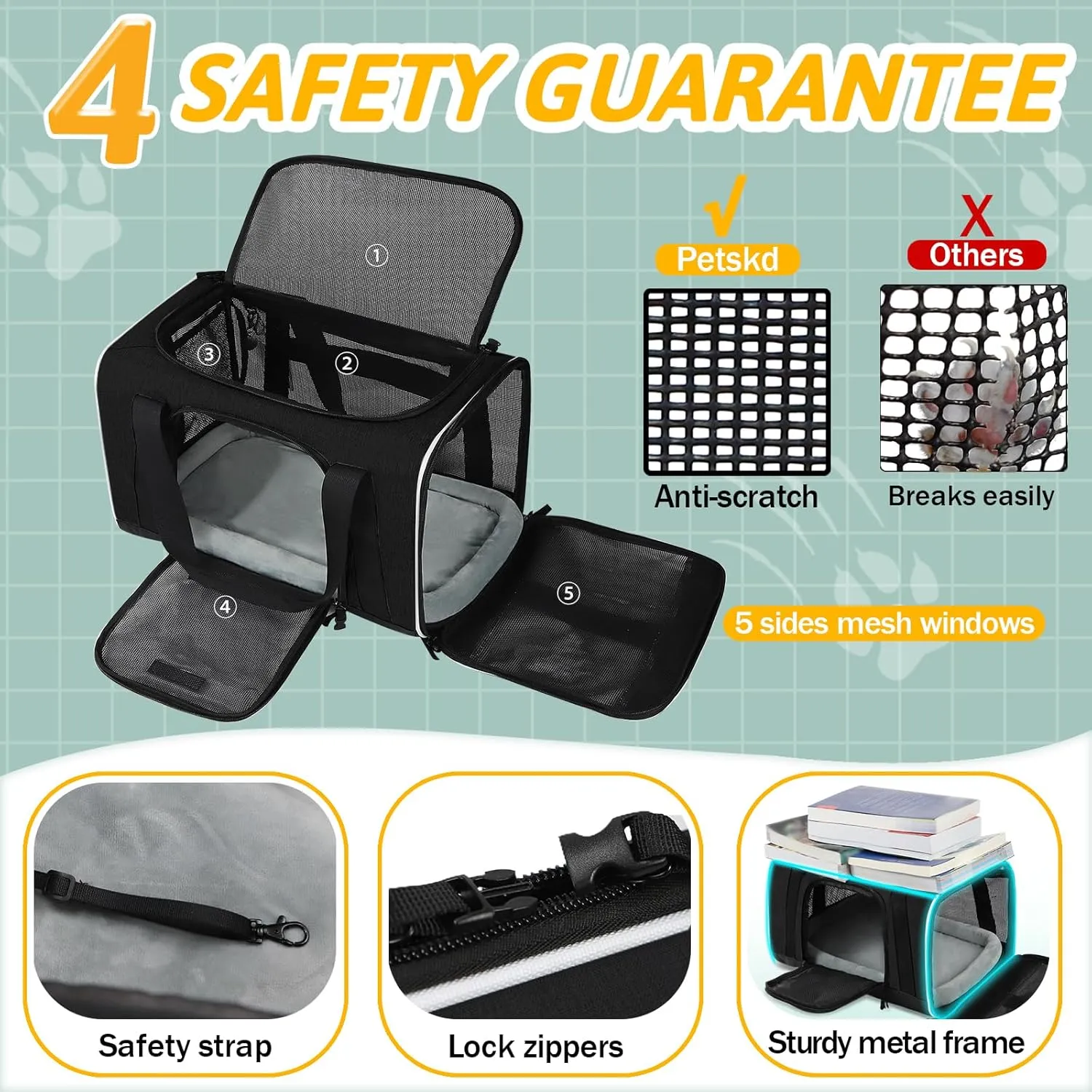 Petskd Pet Carrier with Wheels 18x11x10.5 Delta American United Airline Approved, Soft cat Dog Carrier for 1-12 LBS Pets with Safety Lock Zipper(Black)