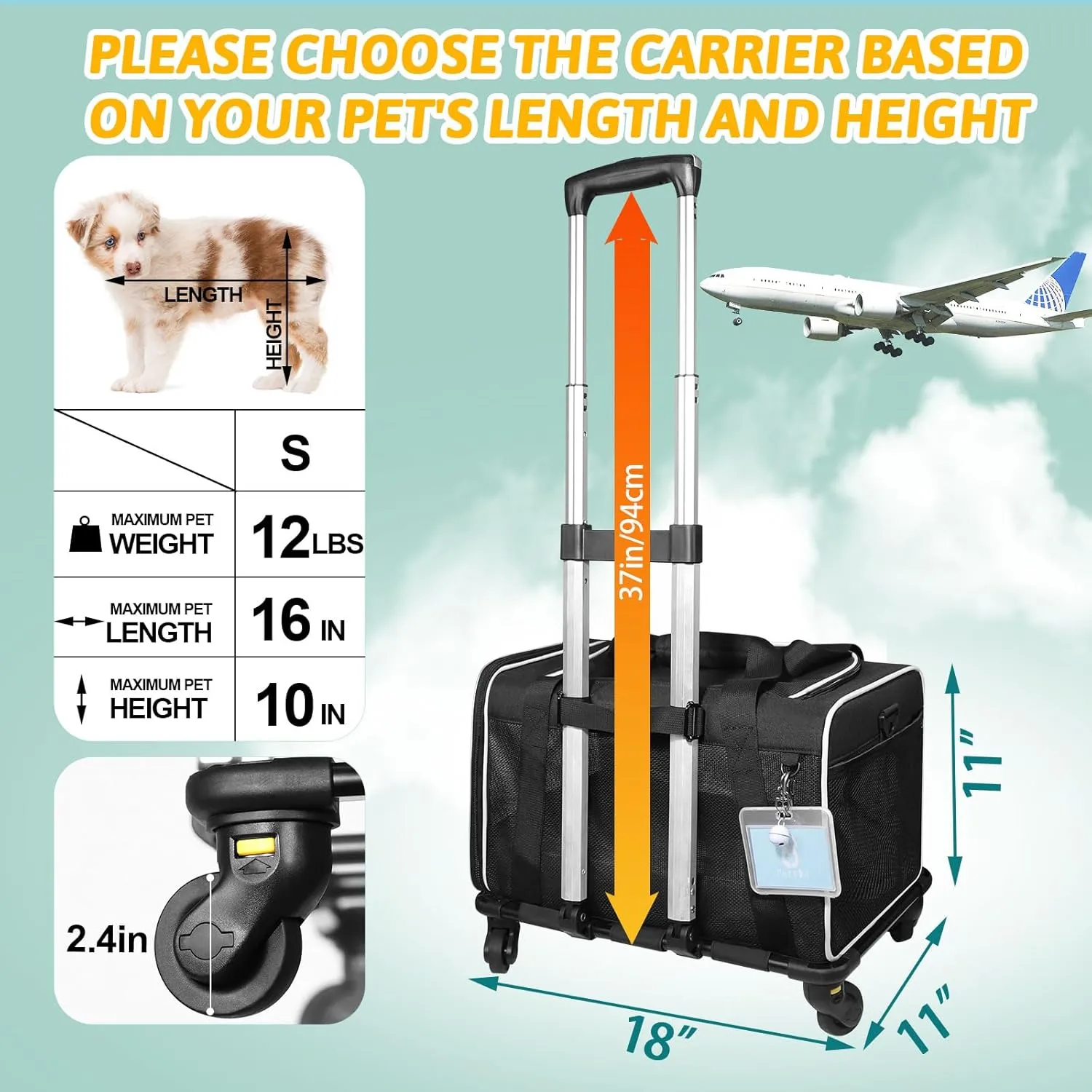 Petskd Pet Carrier with Wheels 18x11x10.5 Delta American United Airline Approved, Soft cat Dog Carrier for 1-12 LBS Pets with Safety Lock Zipper(Black)