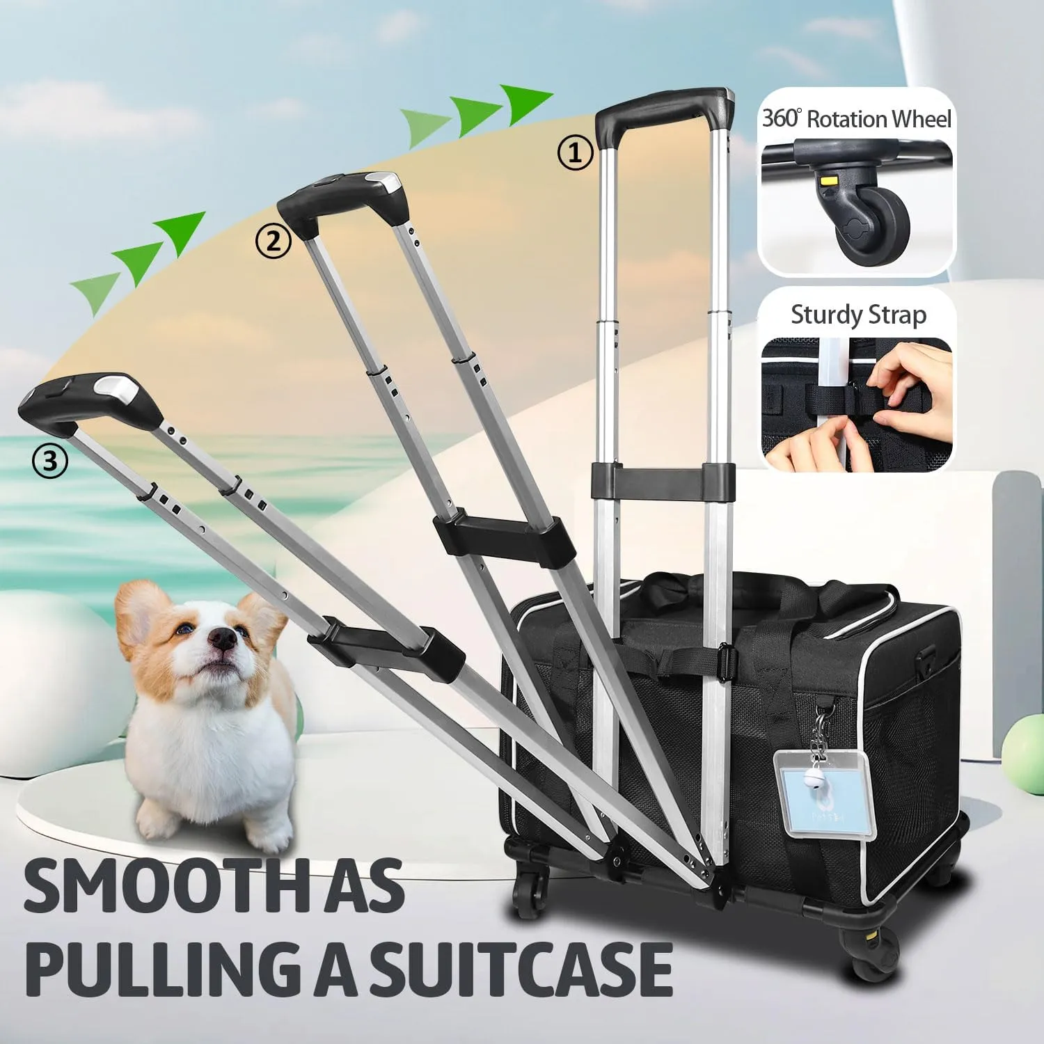 Petskd Pet Carrier with Wheels 18x11x10.5 Delta American United Airline Approved, Soft cat Dog Carrier for 1-12 LBS Pets with Safety Lock Zipper(Black)
