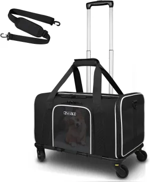 Petskd Pet Carrier with Wheels 18x11x10.5 Delta American United Airline Approved, Soft cat Dog Carrier for 1-12 LBS Pets with Safety Lock Zipper(Black)