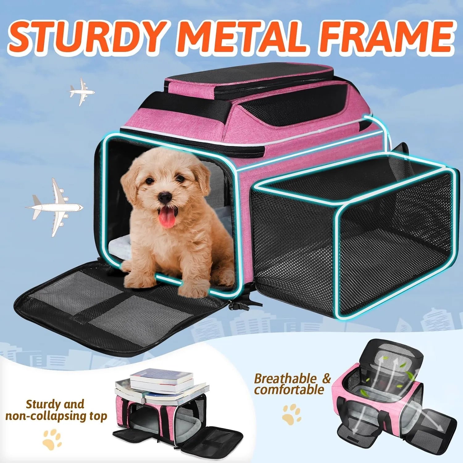 Petskd Top and Side Expandable Pet Carrier 17x11x9.5 Inches Alaska Airline Approved, Soft-Sided Carrier for Small Cats and Dogs with Locking Safety Zippers and Anti-Scratch Mesh(Pink)