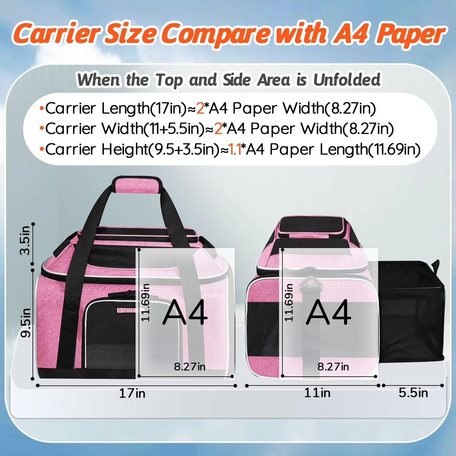 Petskd Top and Side Expandable Pet Carrier 17x11x9.5 Inches Alaska Airline Approved, Soft-Sided Carrier for Small Cats and Dogs with Locking Safety Zippers and Anti-Scratch Mesh(Pink)