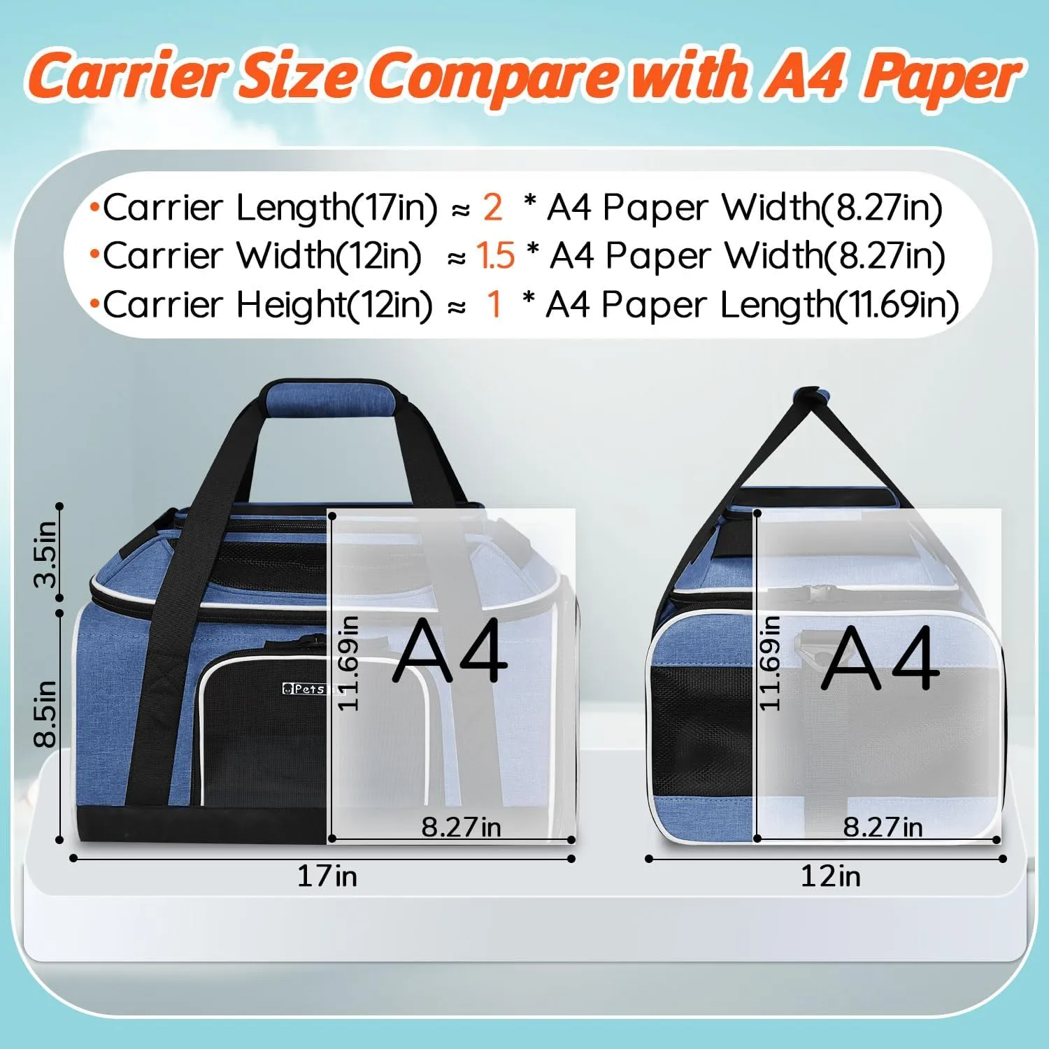 Petskd Top-Expandable Pet Carrier 17x12x8.5 Inches JetBlue Frontier Spirit Airline Approved, Soft-Sided Carrier for Small Cats and Dogs with Locking Safety Zippers and Anti-Scratch Mesh(Blue)