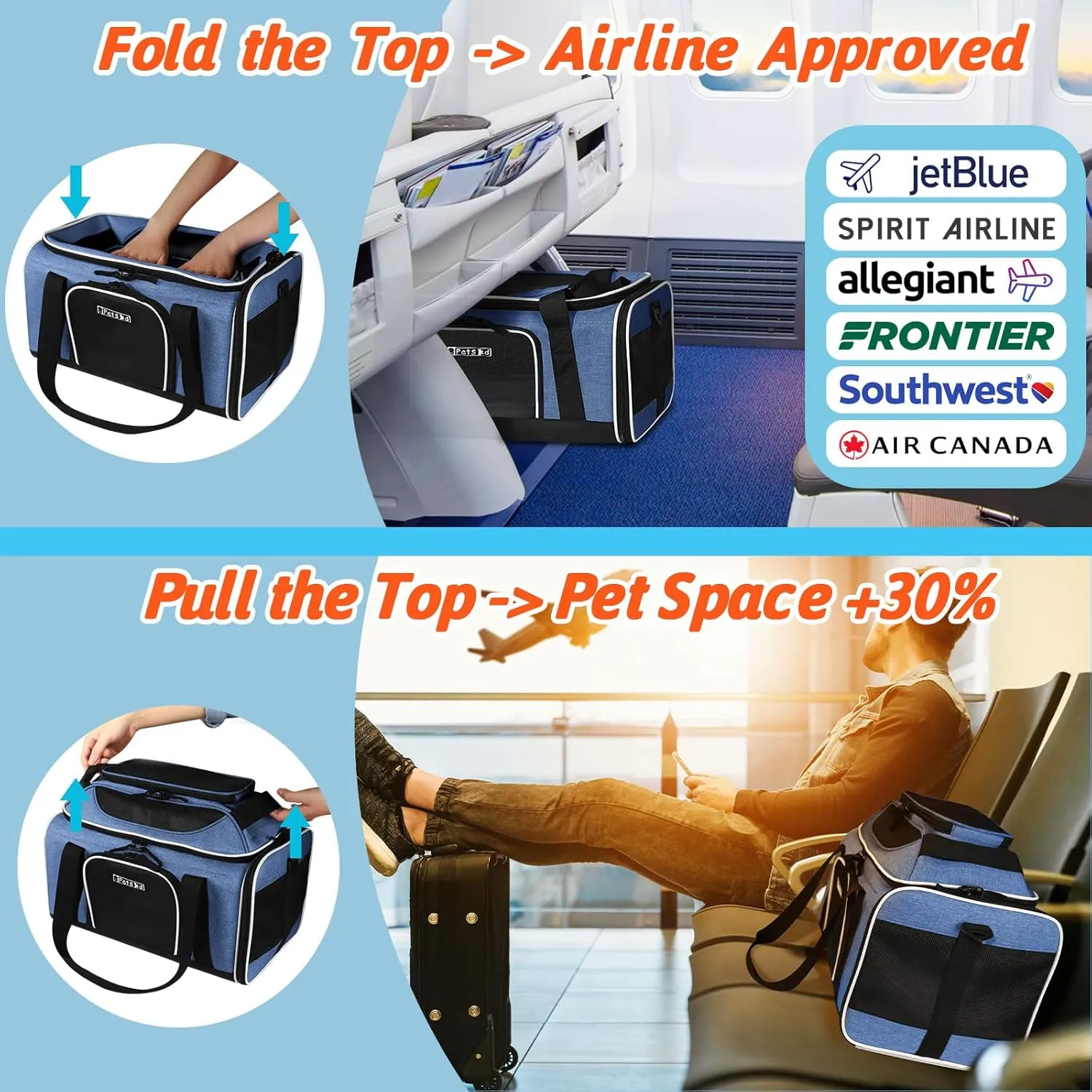 Petskd Top-Expandable Pet Carrier 17x12x8.5 Inches JetBlue Frontier Spirit Airline Approved, Soft-Sided Carrier for Small Cats and Dogs with Locking Safety Zippers and Anti-Scratch Mesh(Blue)