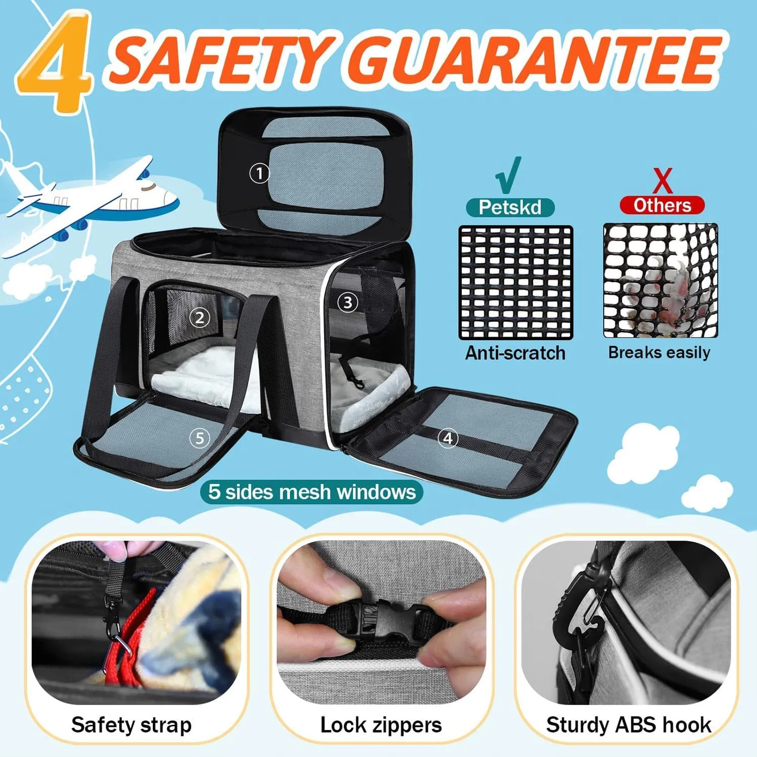 Petskd Top-Expandable Pet Carrier 17x12x8.5 Inches JetBlue Frontier Spirit Airline Approved, Soft-Sided Carrier for Small Cats and Dogs with Locking Safety Zippers and Anti-Scratch Mesh(Grey)
