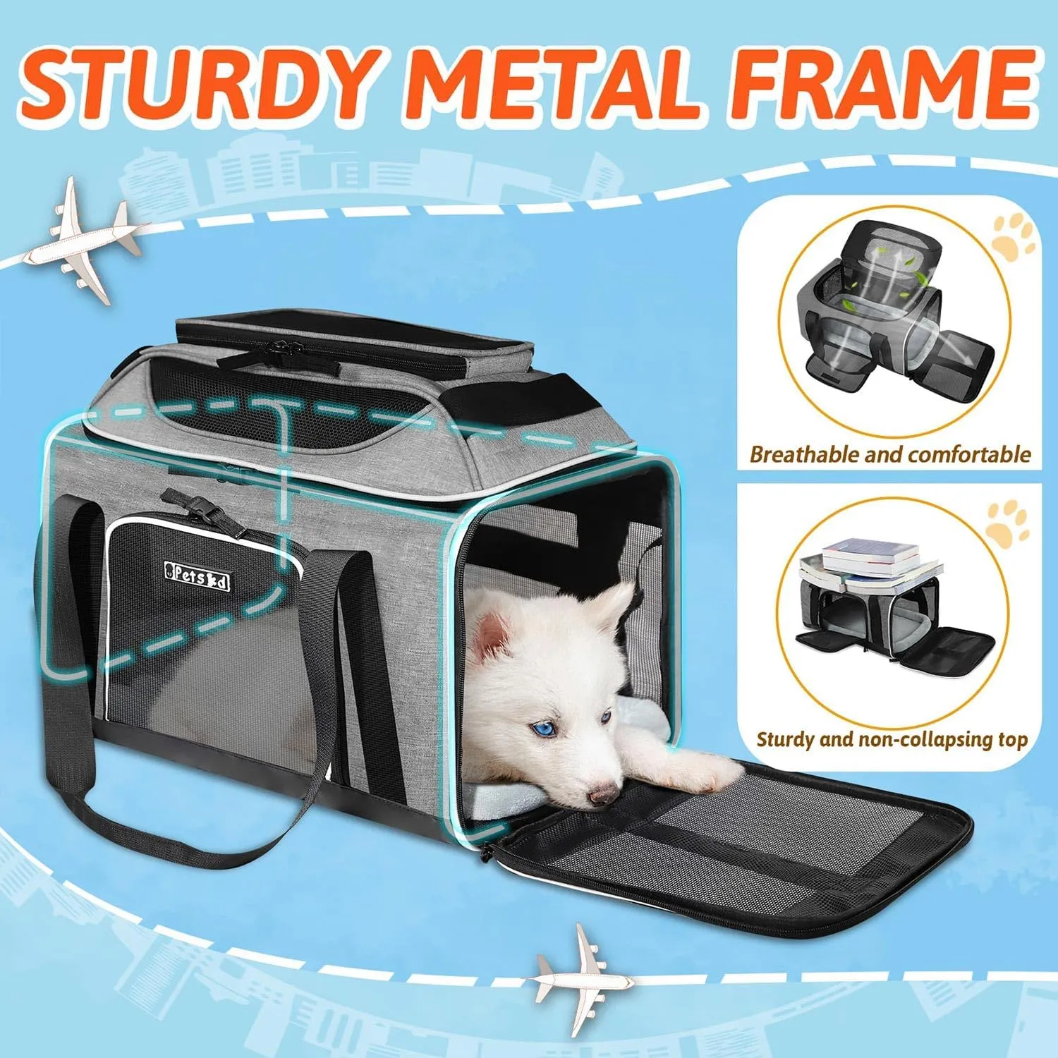 Petskd Top-Expandable Pet Carrier 17x12x8.5 Inches JetBlue Frontier Spirit Airline Approved, Soft-Sided Carrier for Small Cats and Dogs with Locking Safety Zippers and Anti-Scratch Mesh(Grey)
