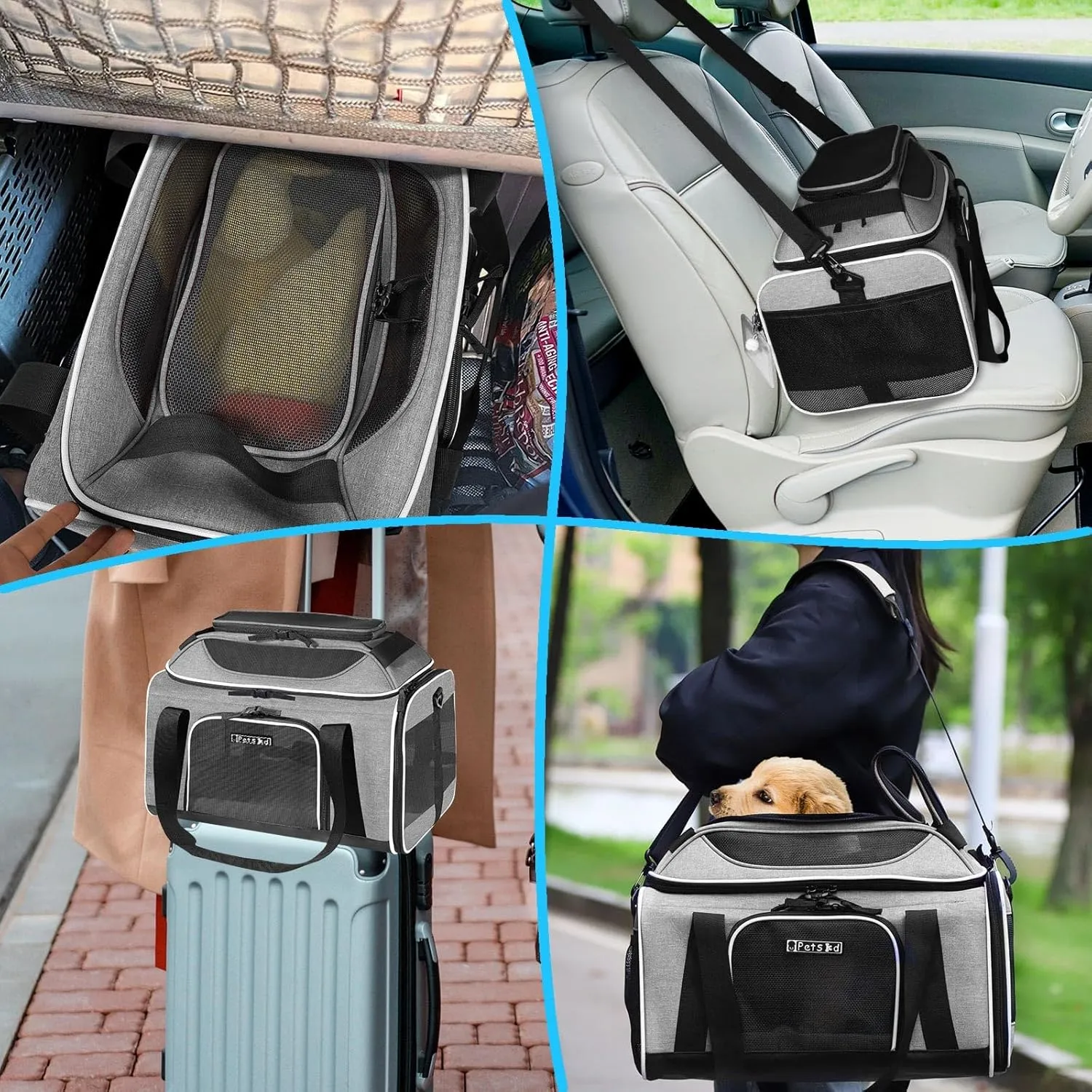 Petskd Top-Expandable Pet Carrier 17x12x8.5 Inches JetBlue Frontier Spirit Airline Approved, Soft-Sided Carrier for Small Cats and Dogs with Locking Safety Zippers and Anti-Scratch Mesh(Grey)