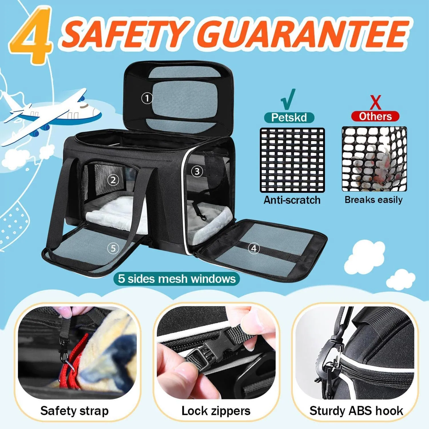 Petskd Top-Expandable Pet Carrier 18x13x9.5 Inches Southwest Allegiant Airline Approved, Soft-Sided Carrier for Small Cats and Dogs with Locking Safety Zippers and Anti-Scratch Mesh(Black)