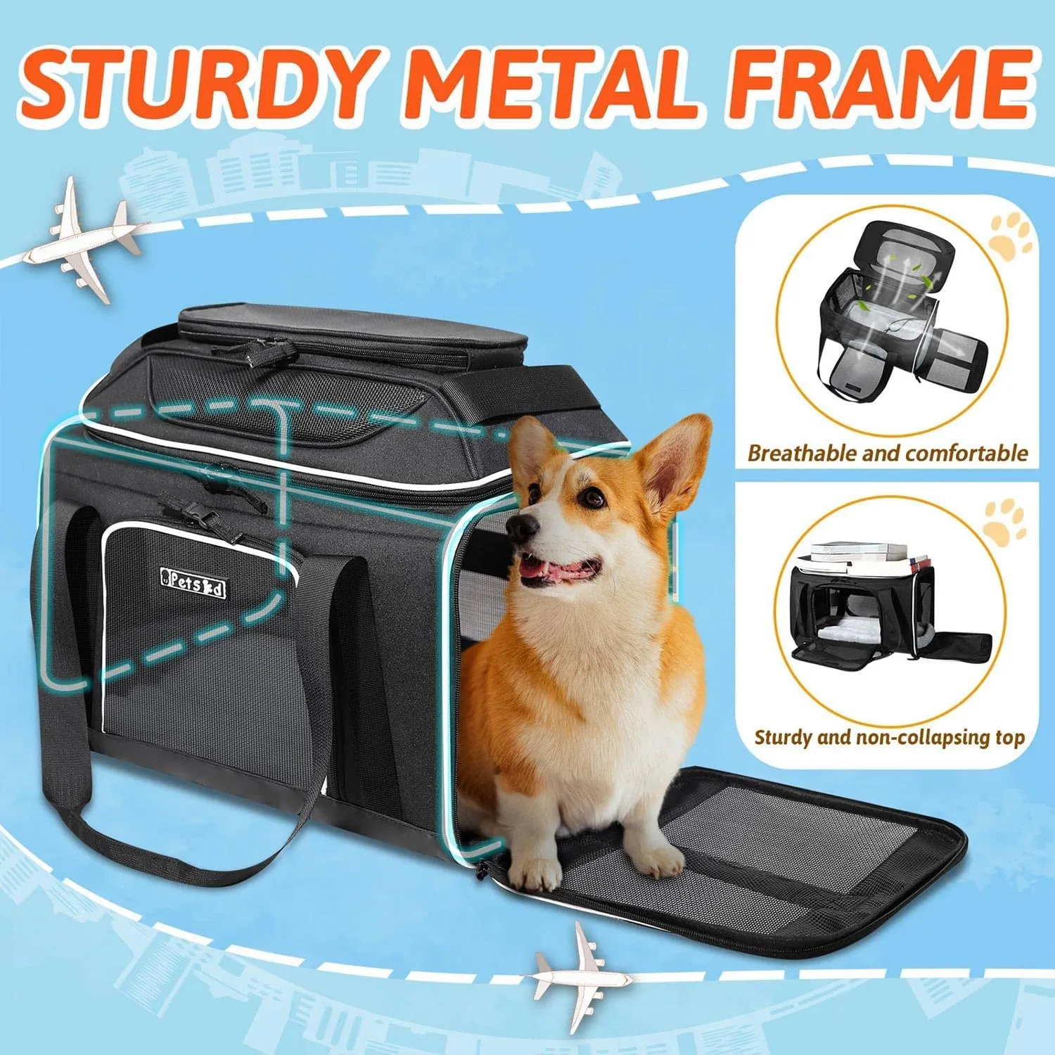 Petskd Top-Expandable Pet Carrier 18x13x9.5 Inches Southwest Allegiant Airline Approved, Soft-Sided Carrier for Small Cats and Dogs with Locking Safety Zippers and Anti-Scratch Mesh(Black)