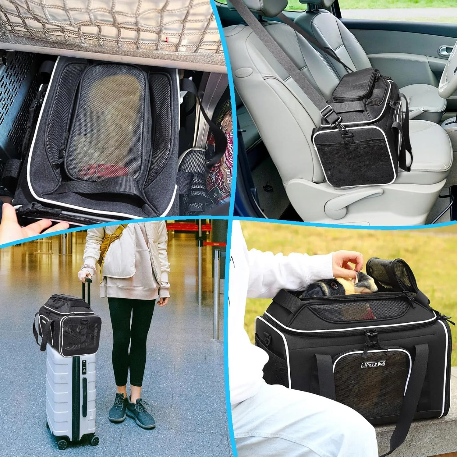 Petskd Top-Expandable Pet Carrier 18x13x9.5 Inches Southwest Allegiant Airline Approved, Soft-Sided Carrier for Small Cats and Dogs with Locking Safety Zippers and Anti-Scratch Mesh(Black)