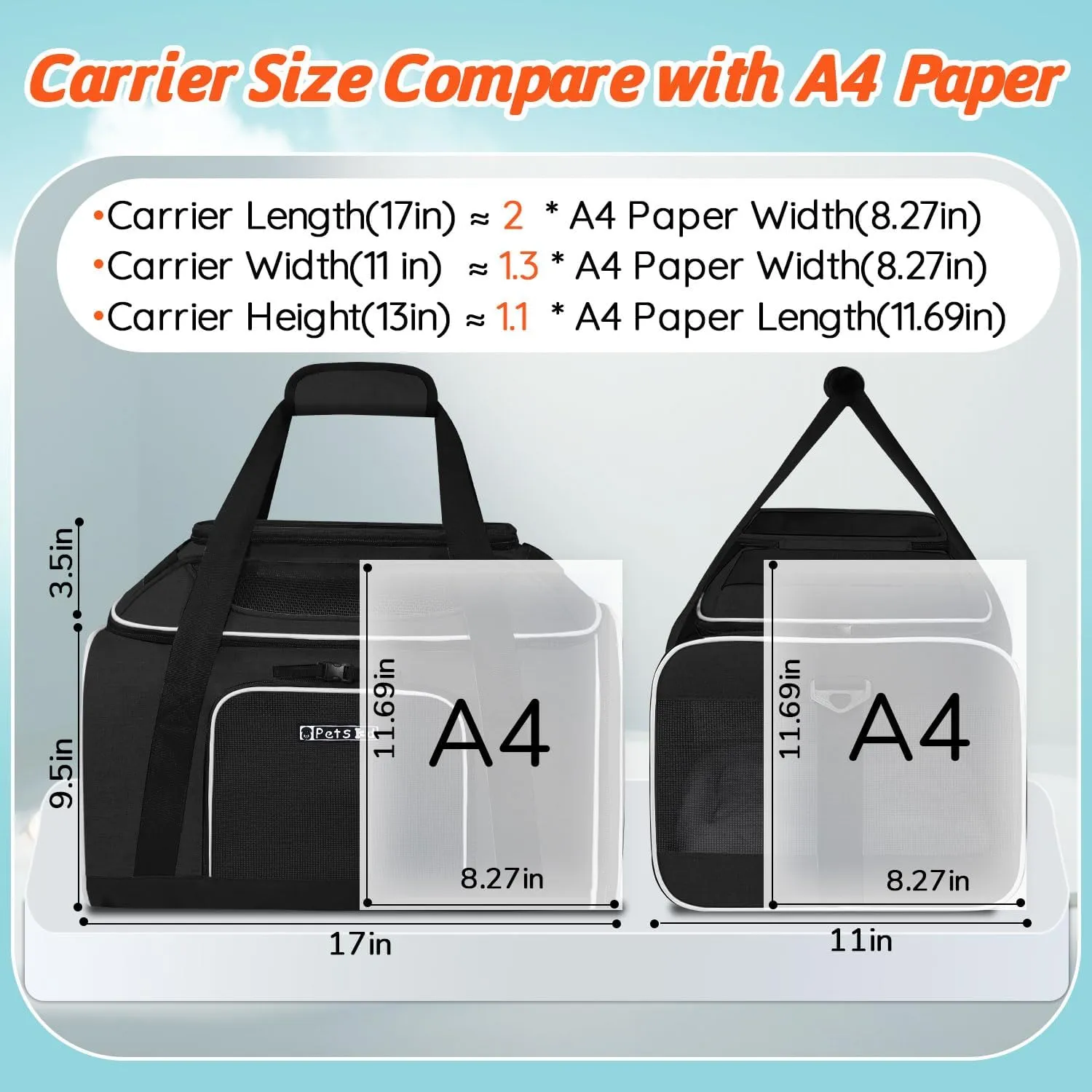 Petskd Top-Expandable Pet Carrier with Wheels 17x11x9.5 Inches Alaska Airline Approved, Soft-Sided Carrier for Small Cats Dogs with Locking Safety Zippers and Anti-Scratch Mesh(Black)