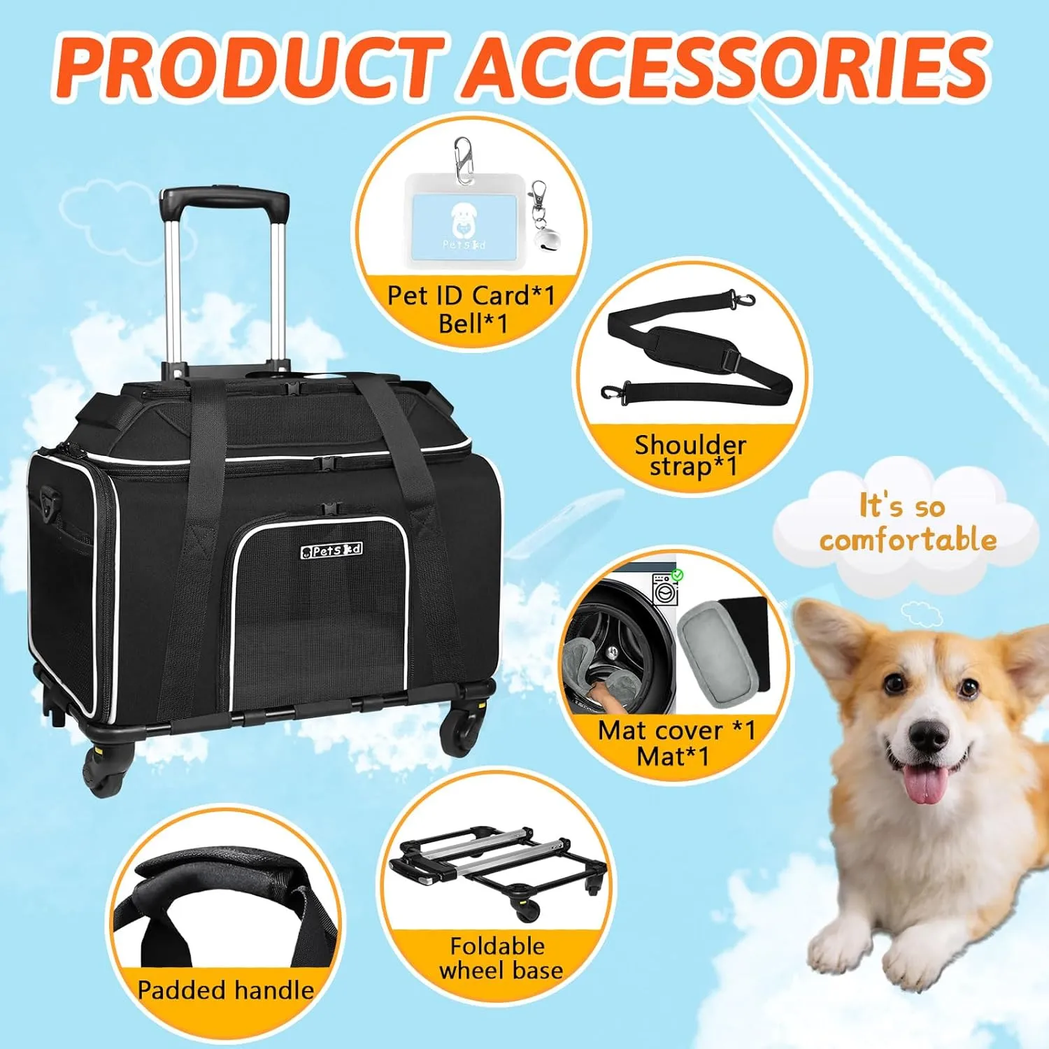 Petskd Top-Expandable Pet Carrier with Wheels 18x11x11 Inches Delta American United Airline Approved, Soft-Sided Carrier for Small Cats Dogs with Locking Safety Zippers and Anti-Scratch Mesh(Black)