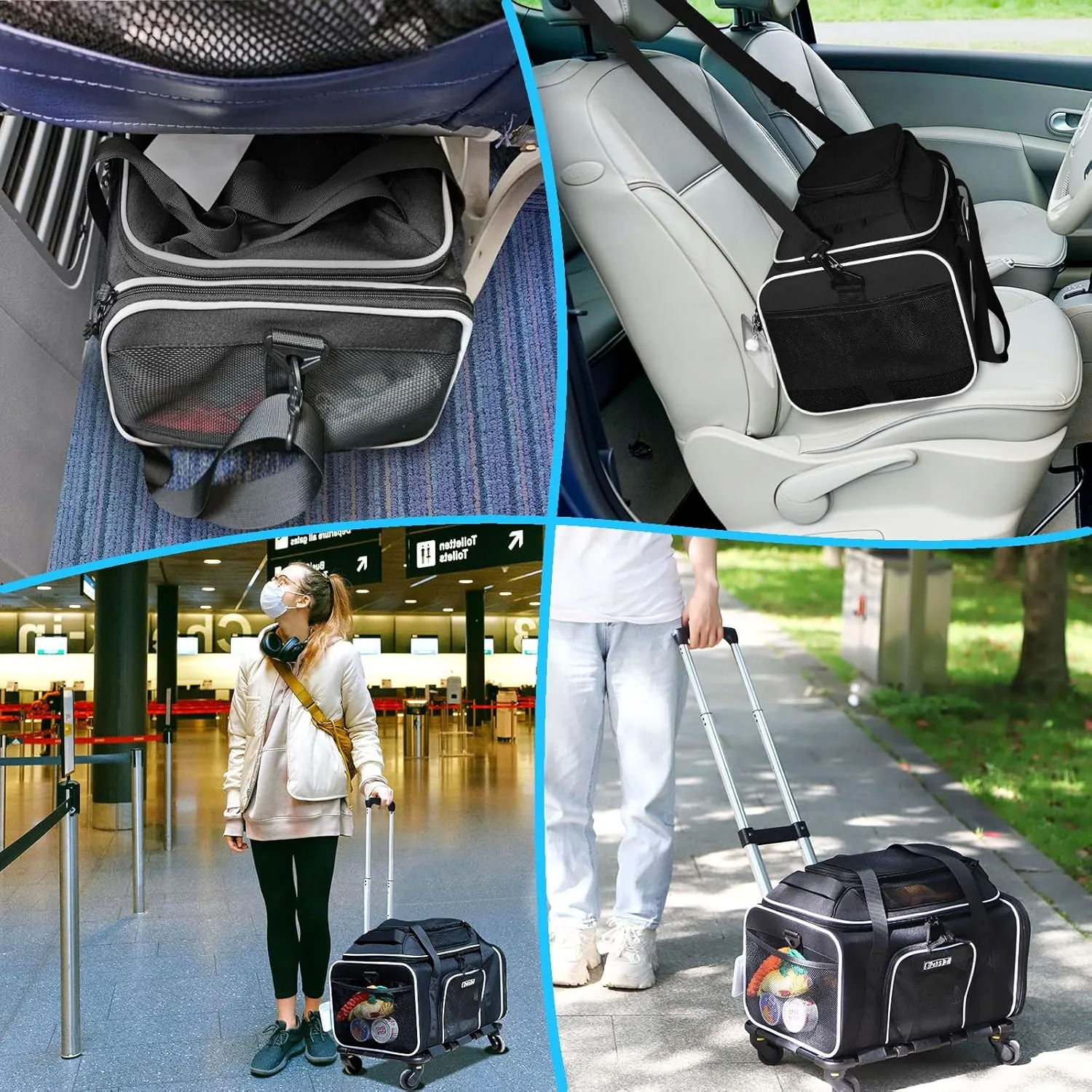 Petskd Top-Expandable Pet Carrier with Wheels 18x11x11 Inches Delta American United Airline Approved, Soft-Sided Carrier for Small Cats Dogs with Locking Safety Zippers and Anti-Scratch Mesh(Black)
