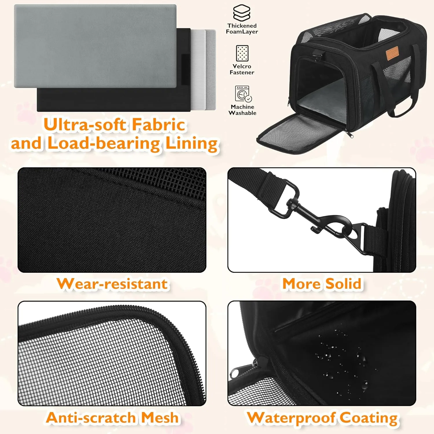 PETUX TSA Approved Pet Carrier in Cabin, 17"x11"x9.5" Soft Cat Carriers for Small Cats and Dogs Up to 15 Lbs, Top Open Portable Pet Carrier Airline Approved with Anti-Scratch Mesh for Travel, Black