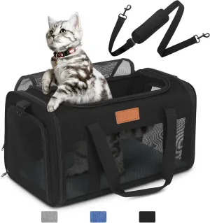 PETUX TSA Approved Pet Carrier in Cabin, 17"x11"x9.5" Soft Cat Carriers for Small Cats and Dogs Up to 15 Lbs, Top Open Portable Pet Carrier Airline Approved with Anti-Scratch Mesh for Travel, Black